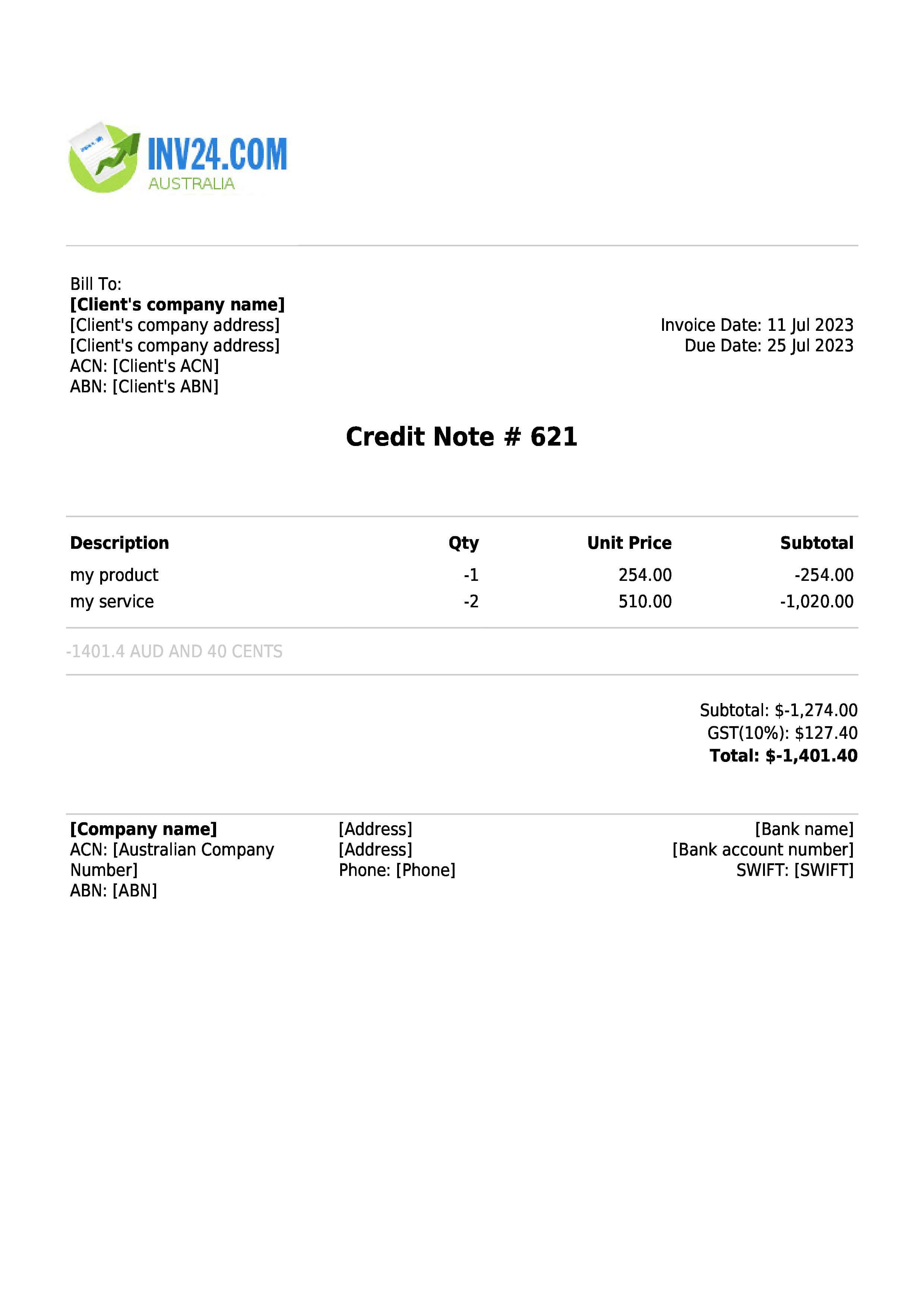 credit note sample australia