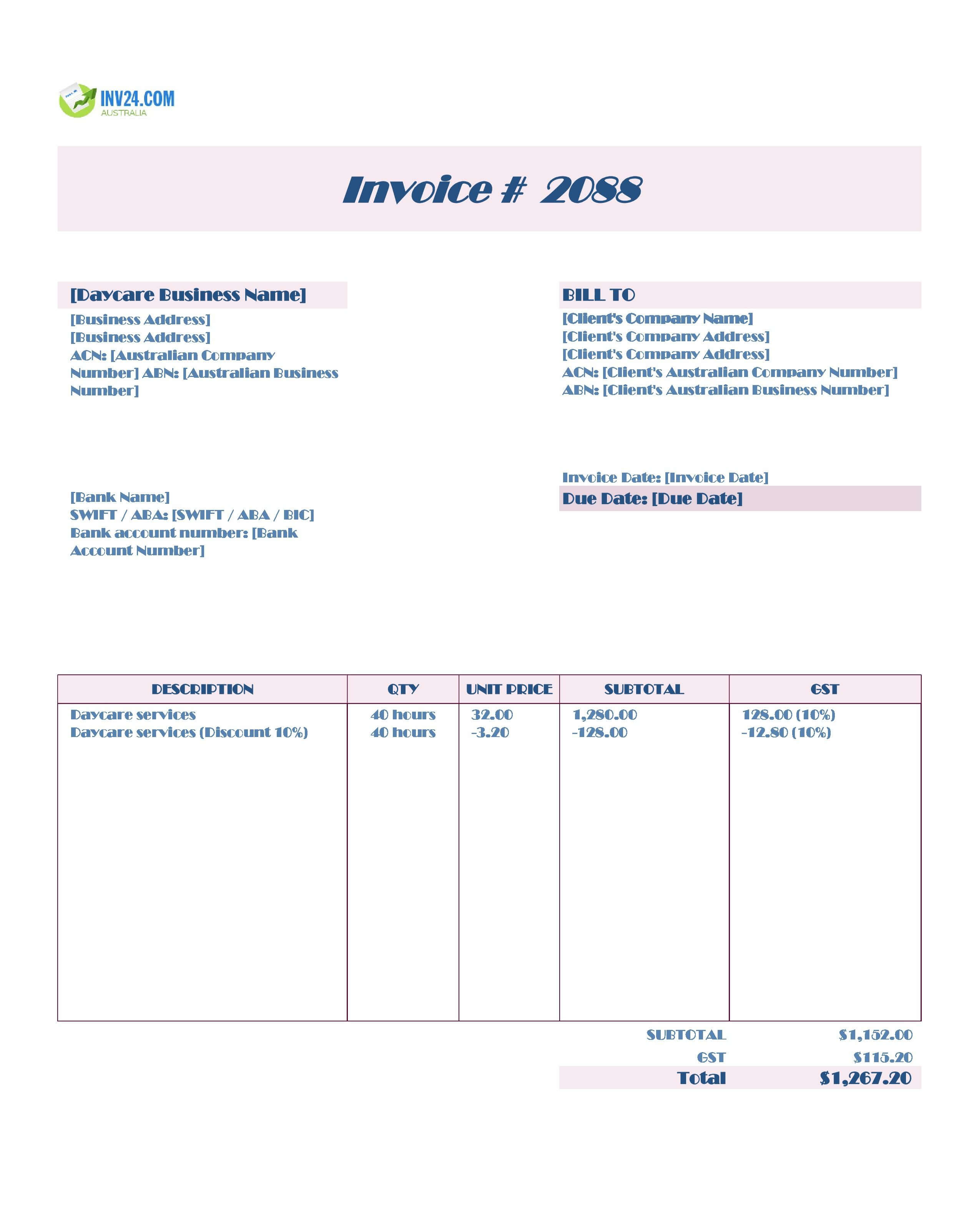 Daycare Invoice Template for Australia (Excel / Google Sheets)