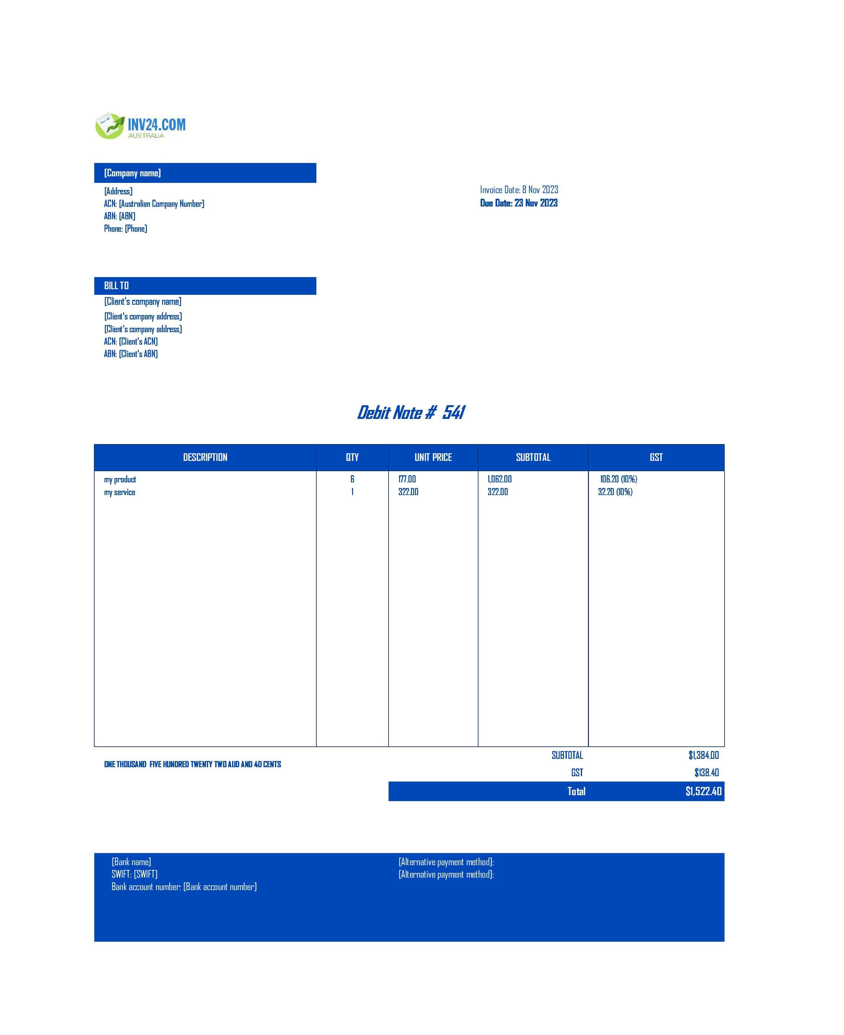 debit note template Australia