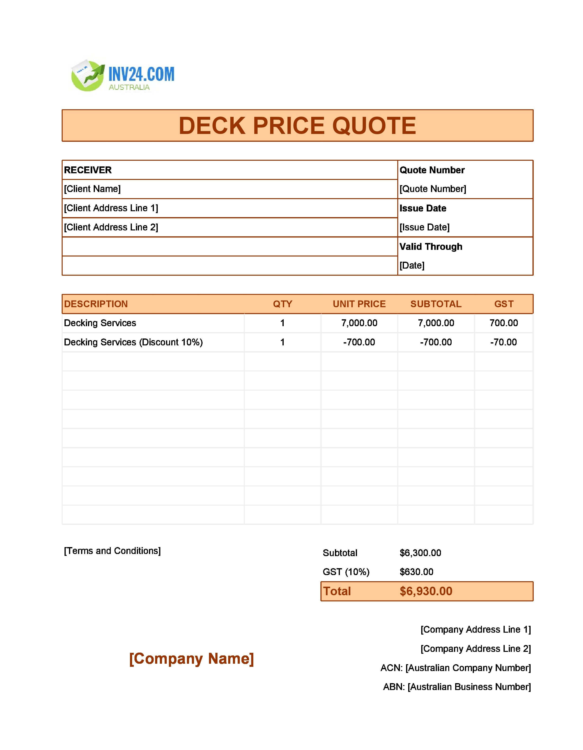 Deck Quote Template for Australia (Excel / Google Sheets)