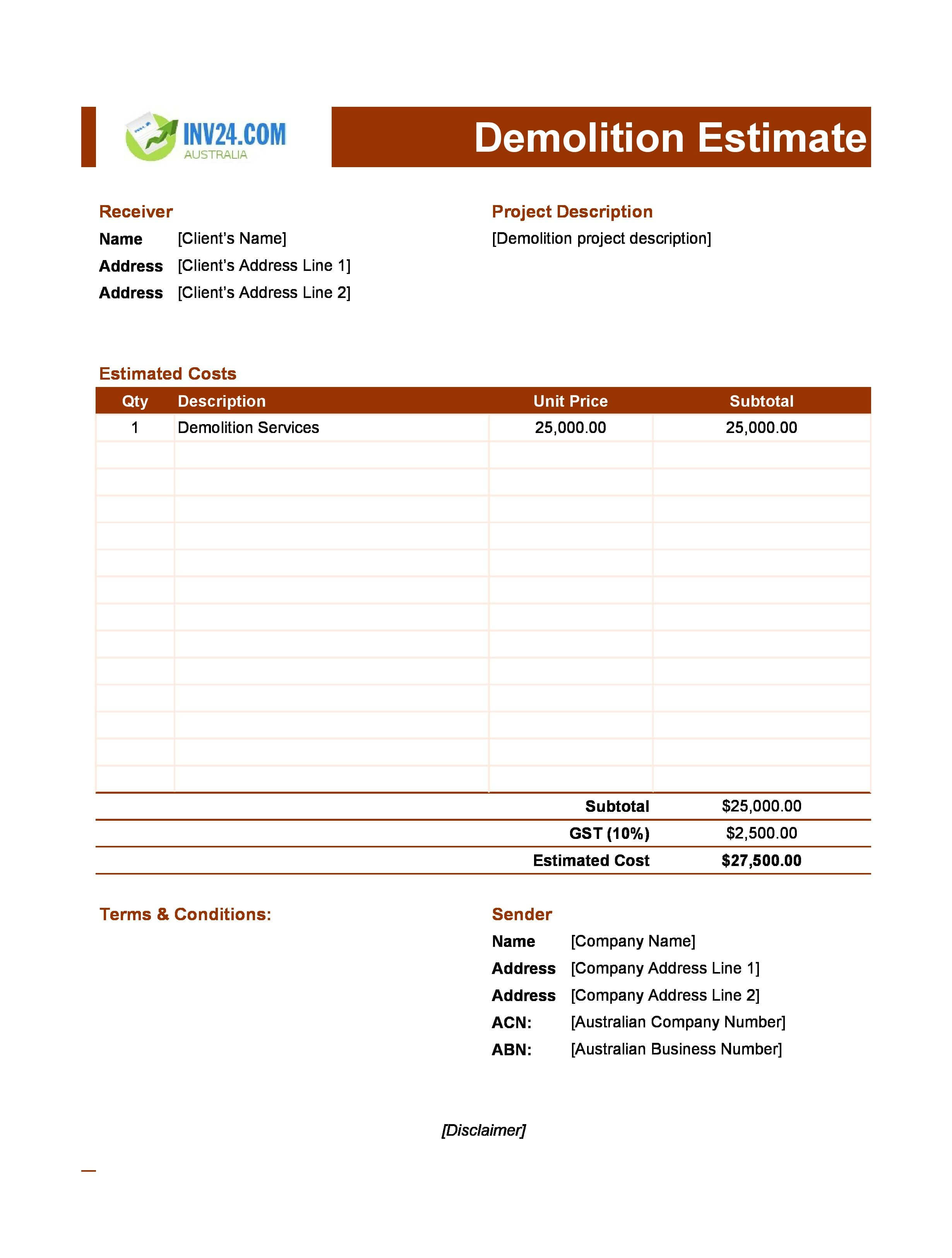 Demolition Estimate Template for Australia (Excel / Google Sheets)