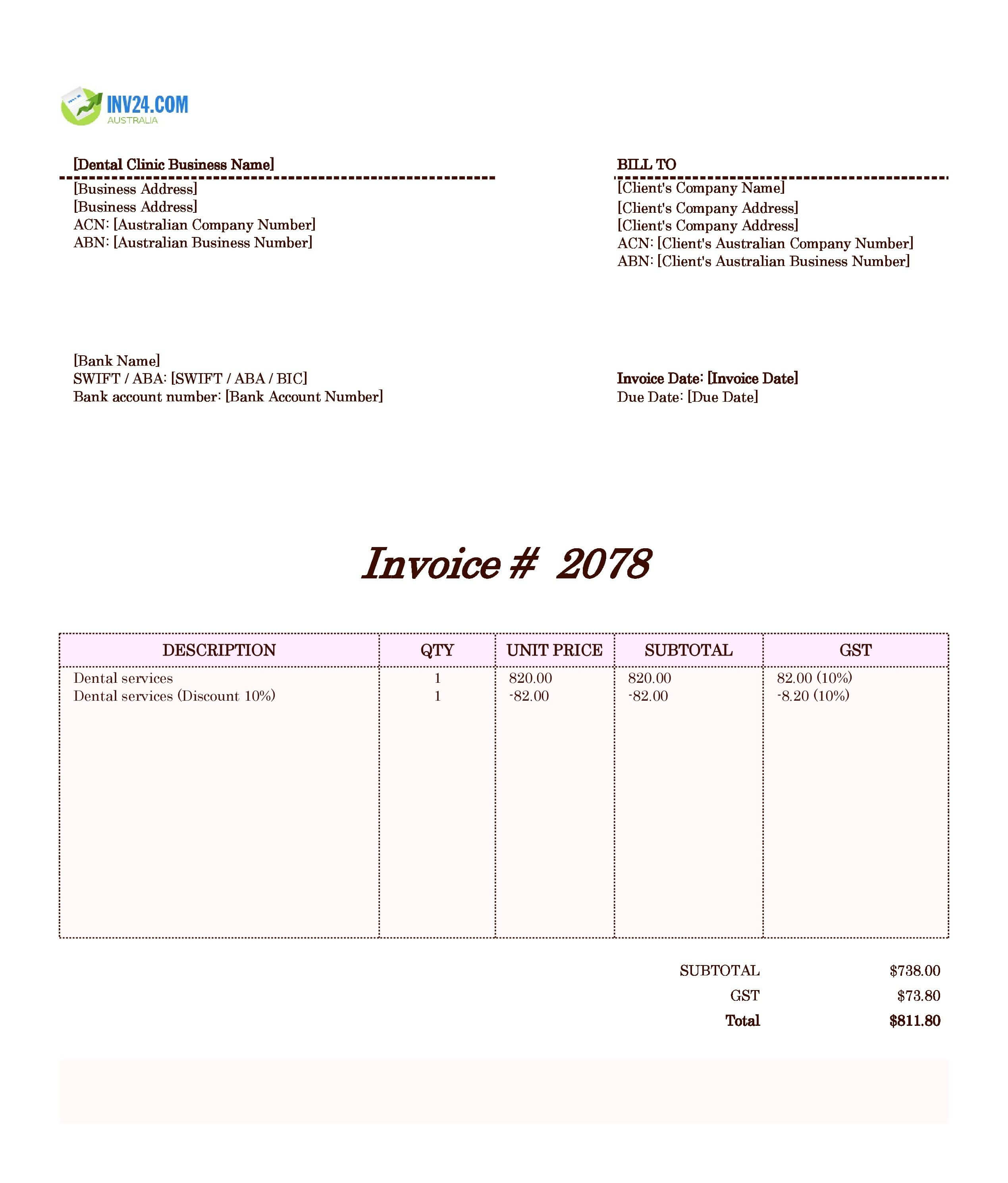 Dental Invoice Template for Australia (Excel / Google Sheets)