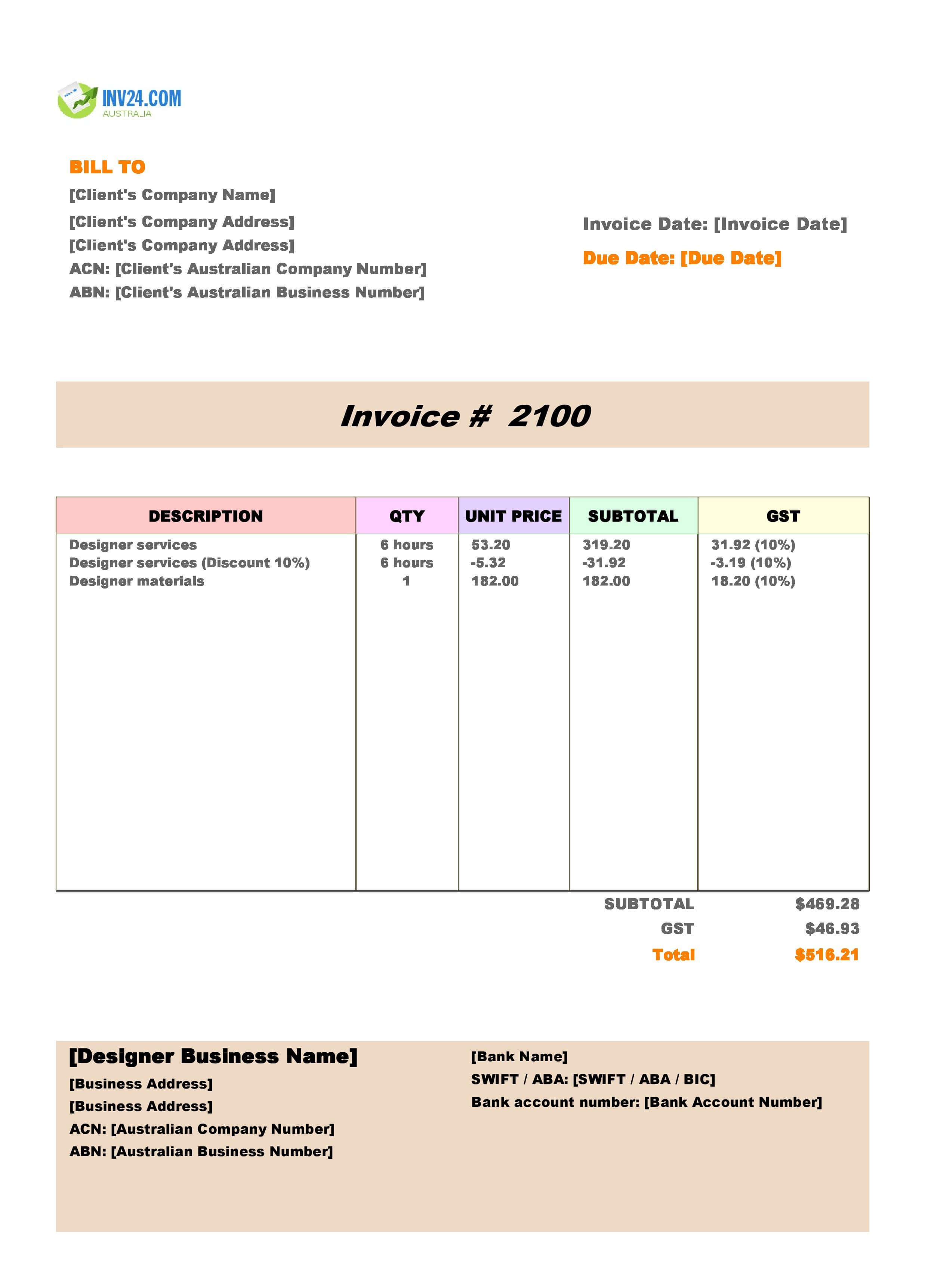 Designer Invoice Template for Australia (Excel / Google Sheets)