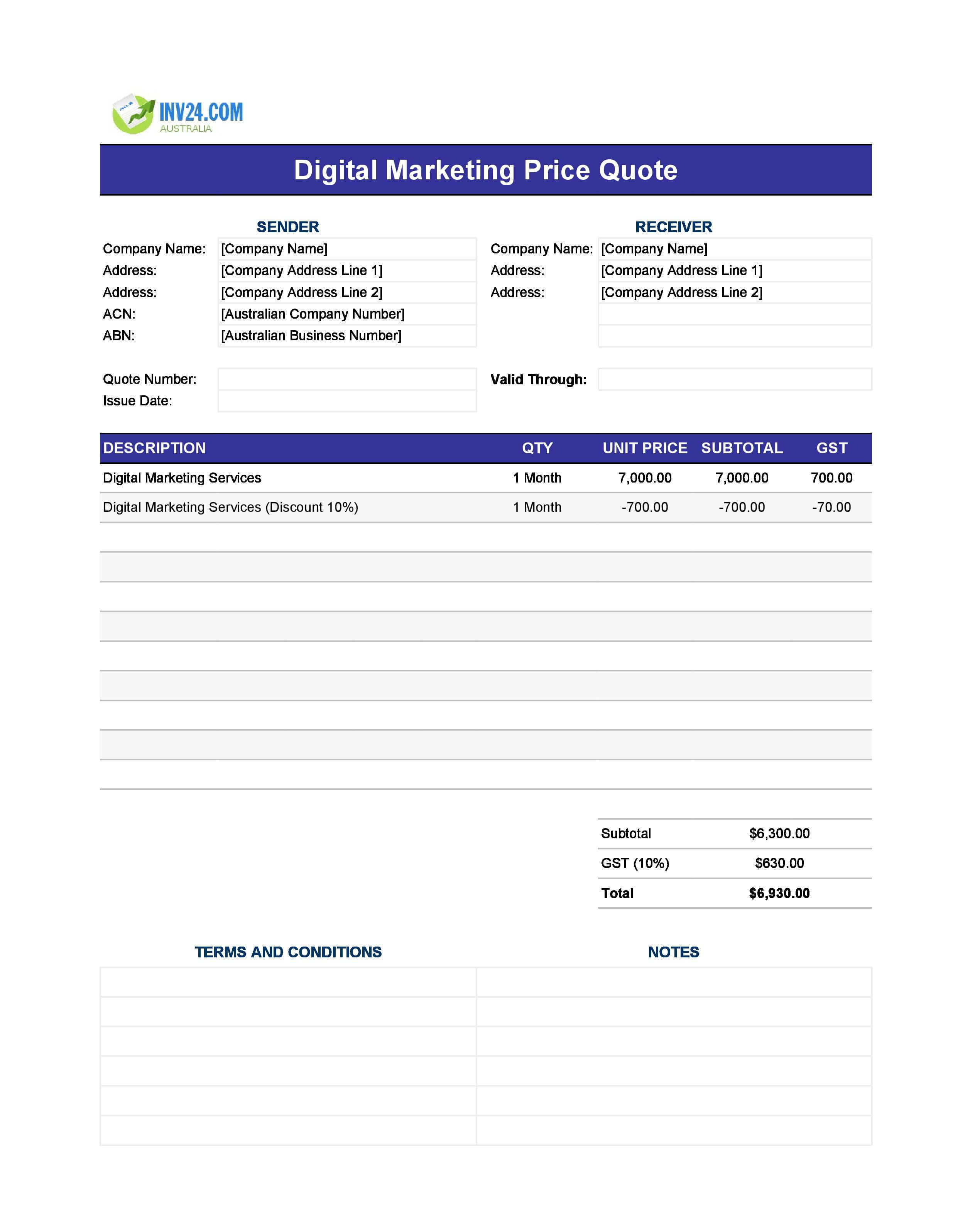 Digital Marketing Quote Template for Australia (Excel / Google Sheets)