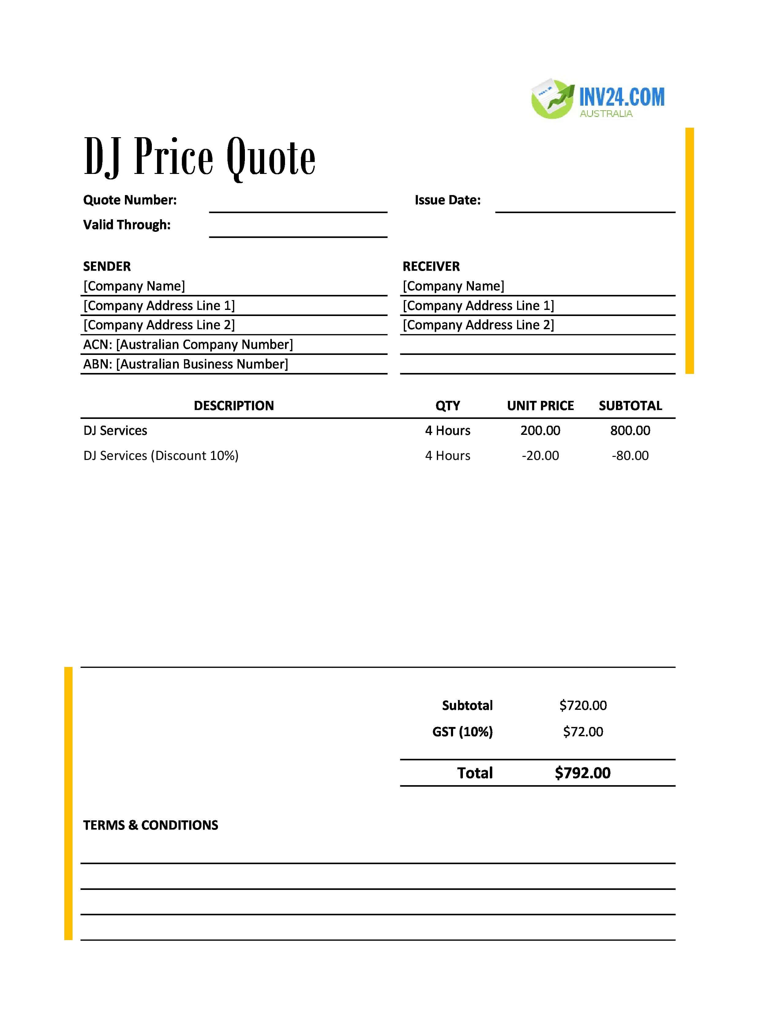 DJ Quote Template for Australia (Excel / Google Sheets)