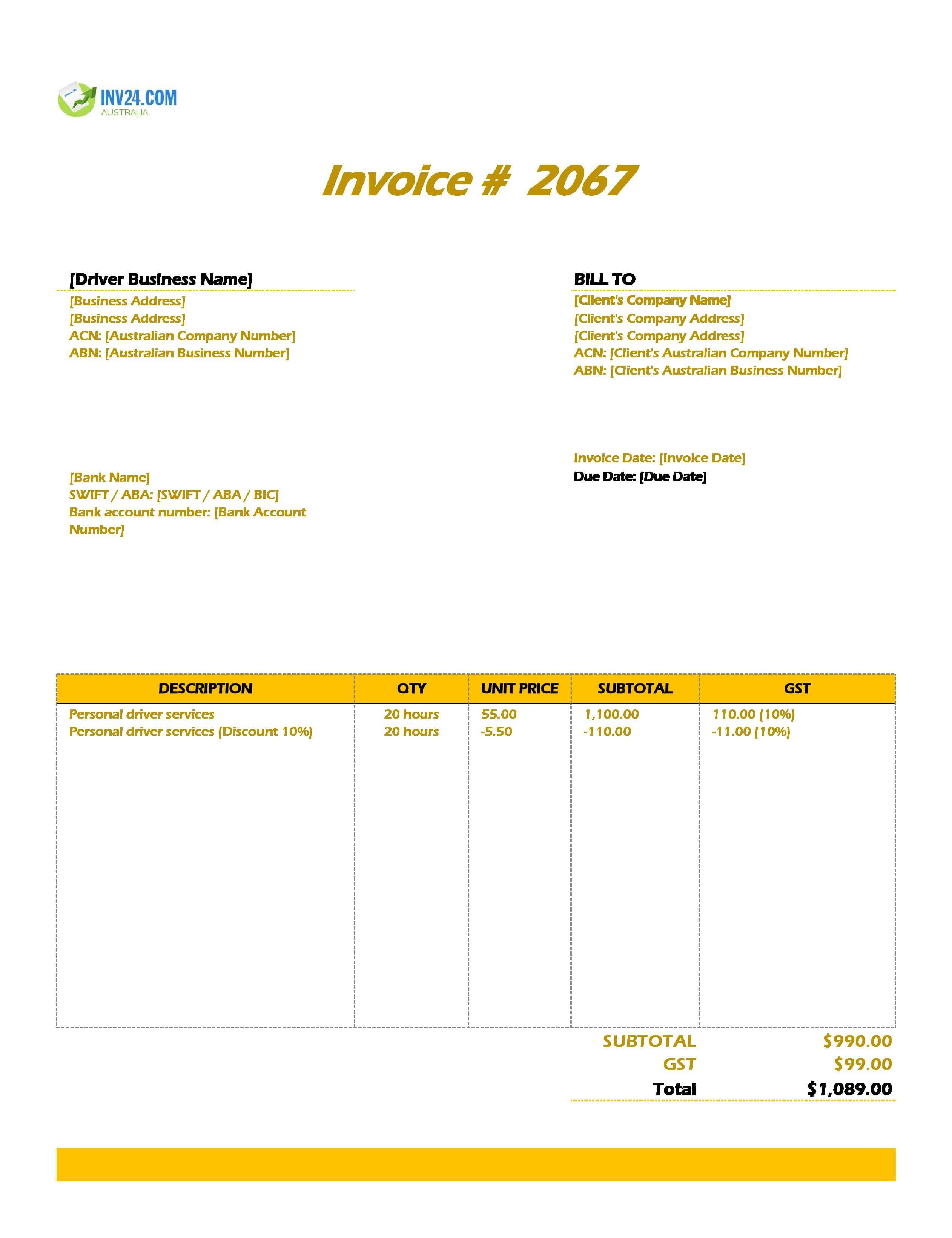 Driver Invoice Template for Australia (Excel / Google Sheets)