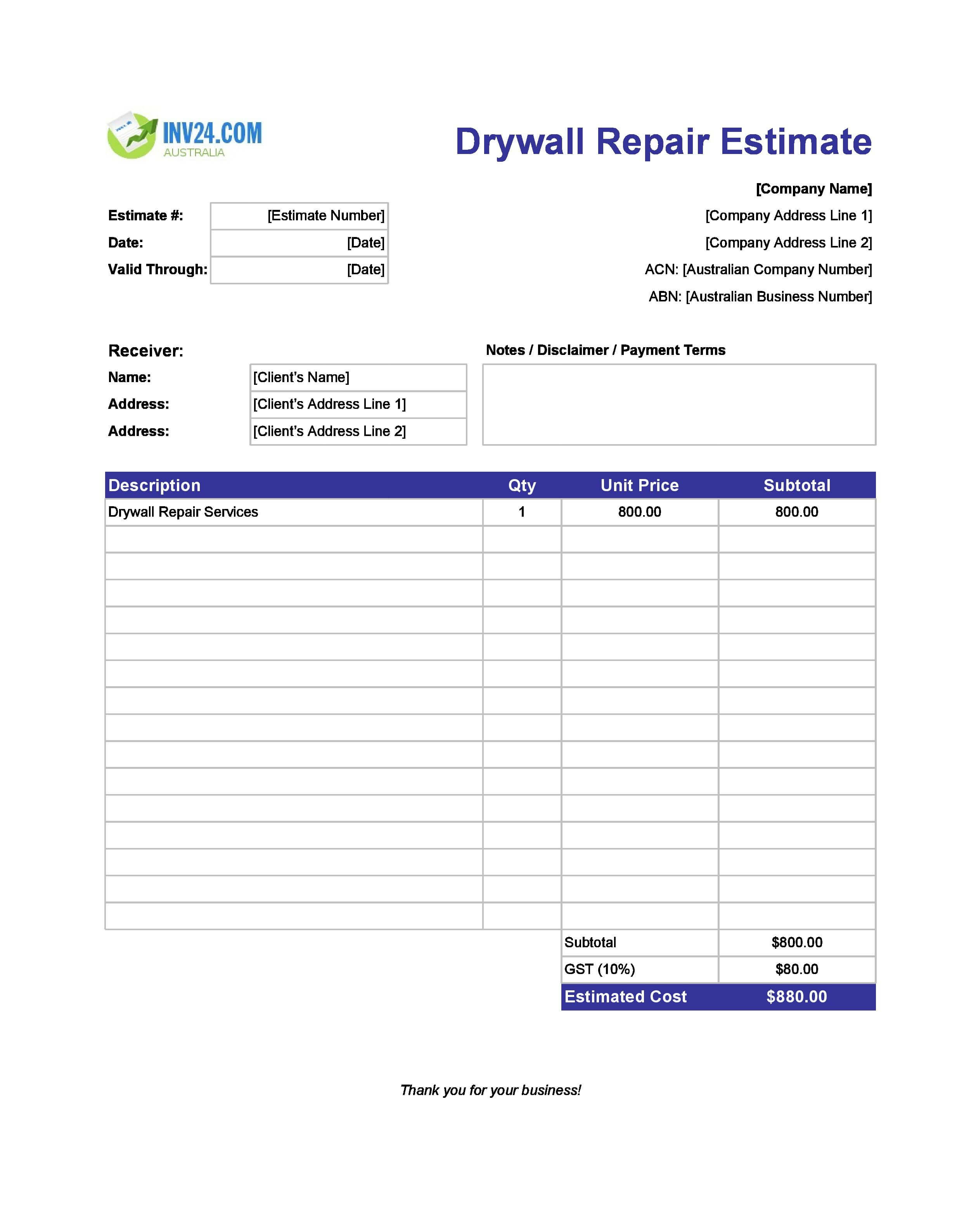 Drywall Repair Estimate Template for Australia (Excel / Google Sheets)