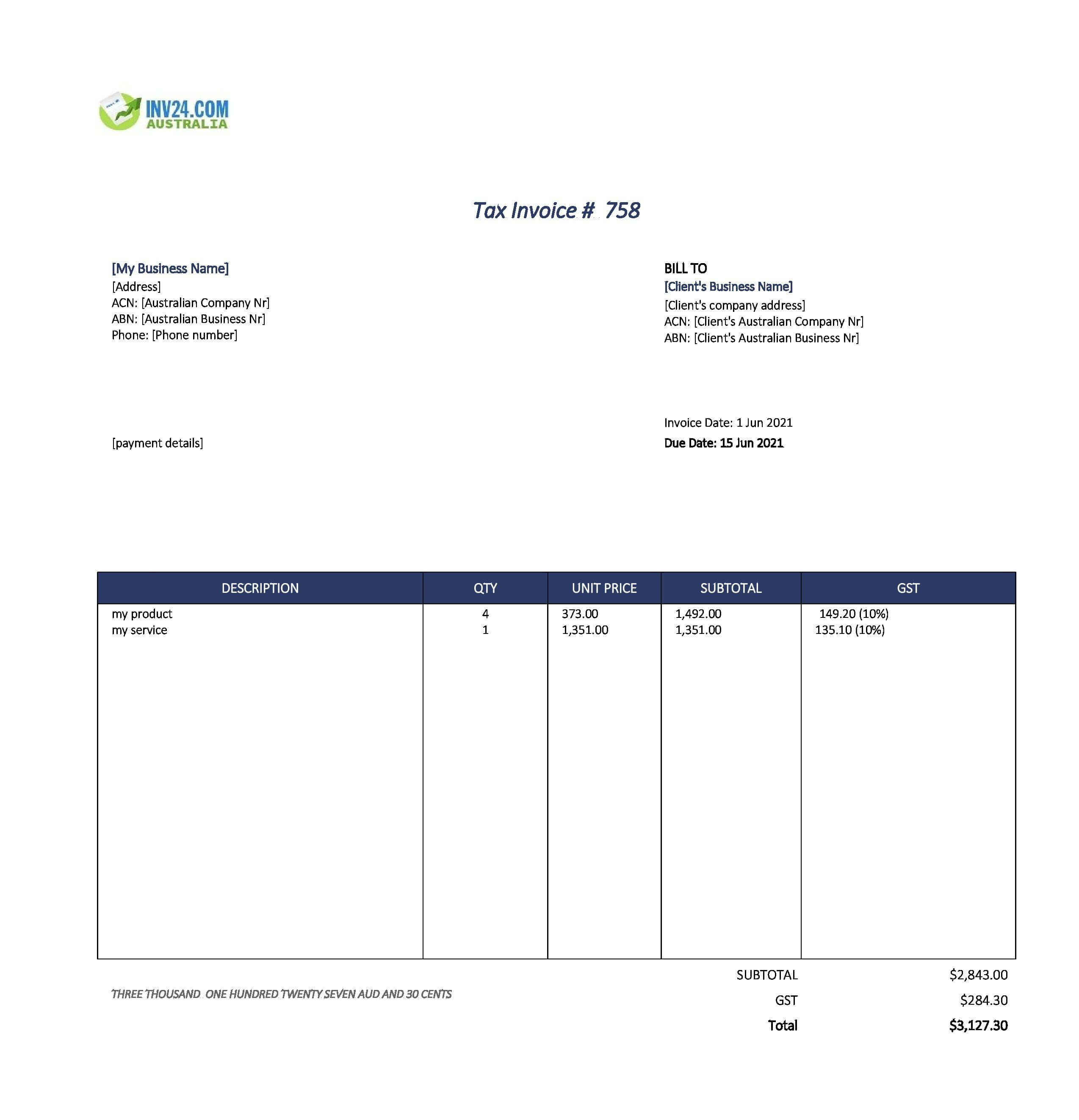 editable invoice template australia