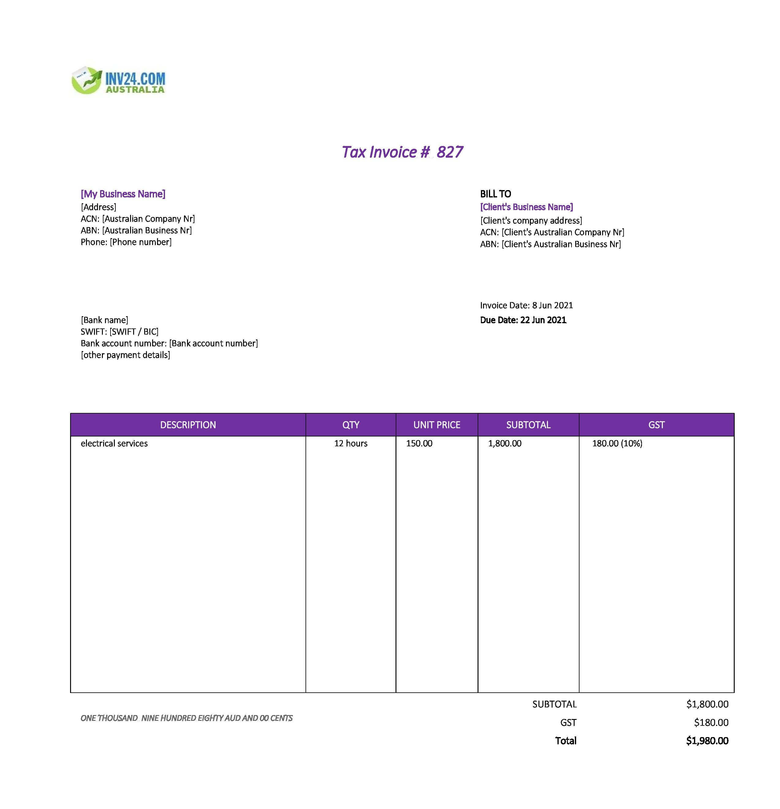 Electrical Invoice Template Australia (Excel / Google Sheets)