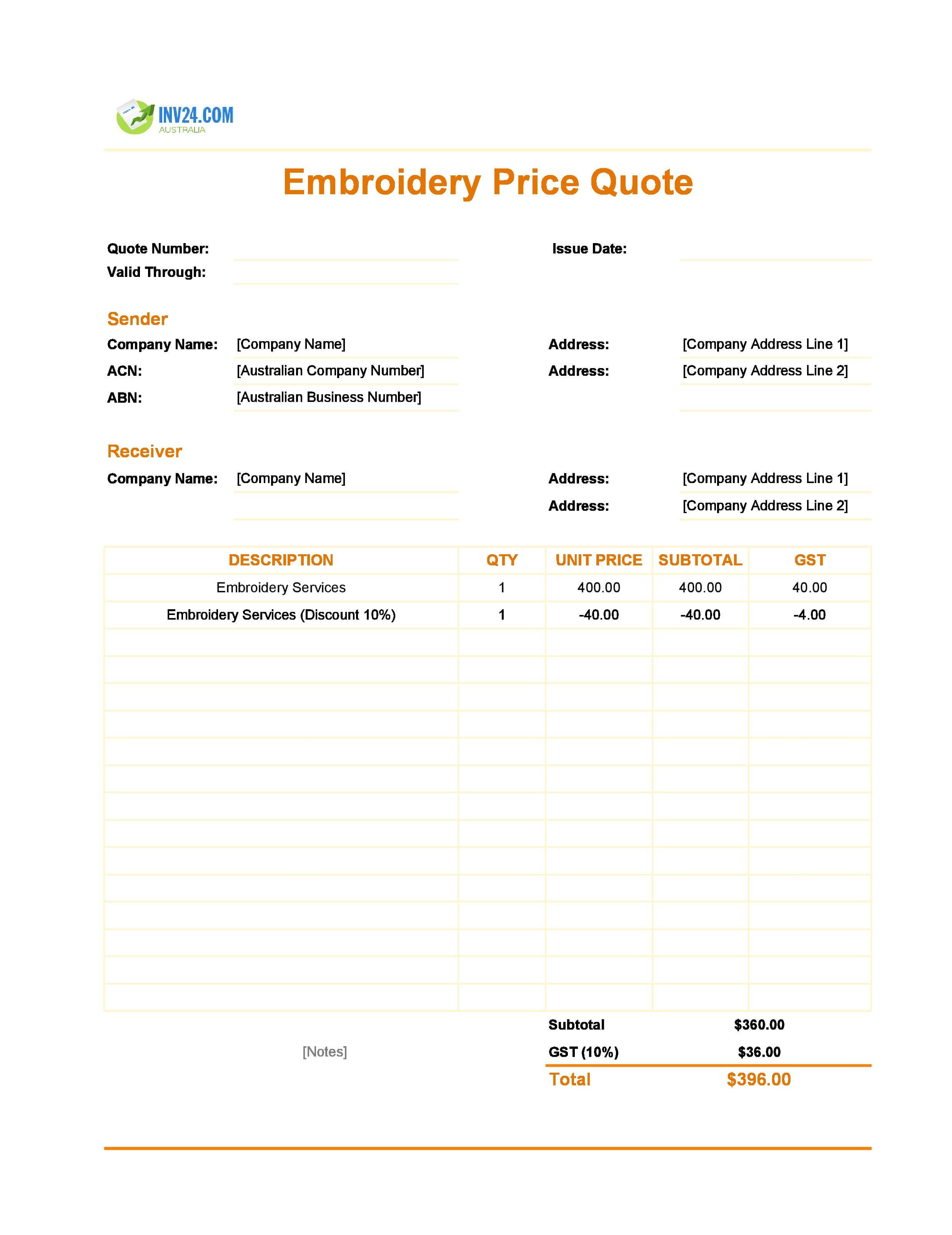 Embroidery Quote Template for Australia (Excel / Google Sheets)