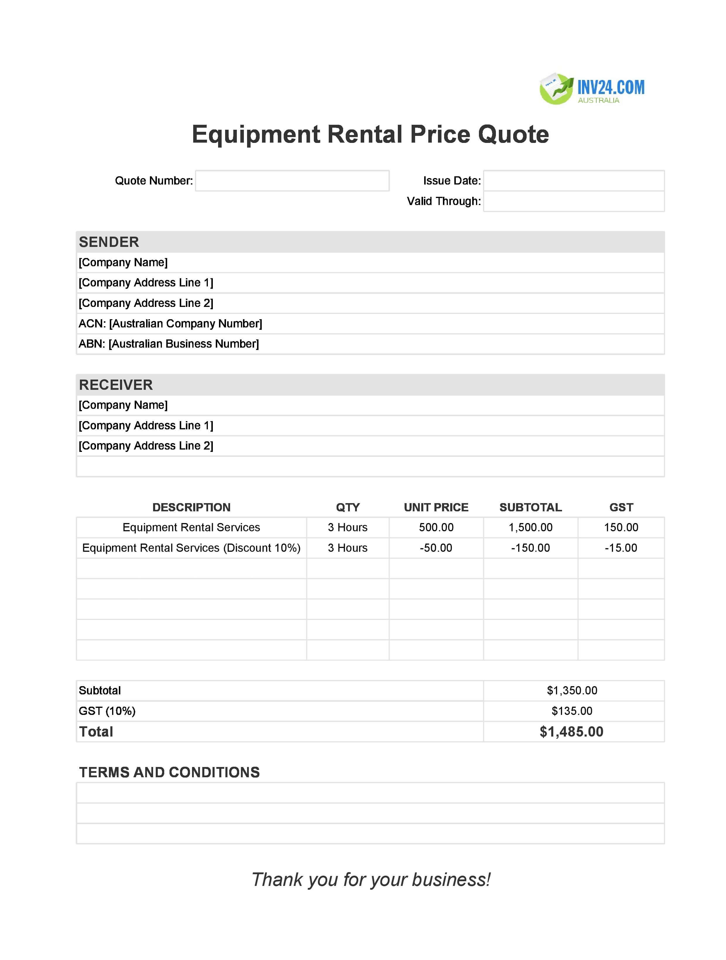 Equipment Rental Quote Template for Australia (Excel / Google Sheets)