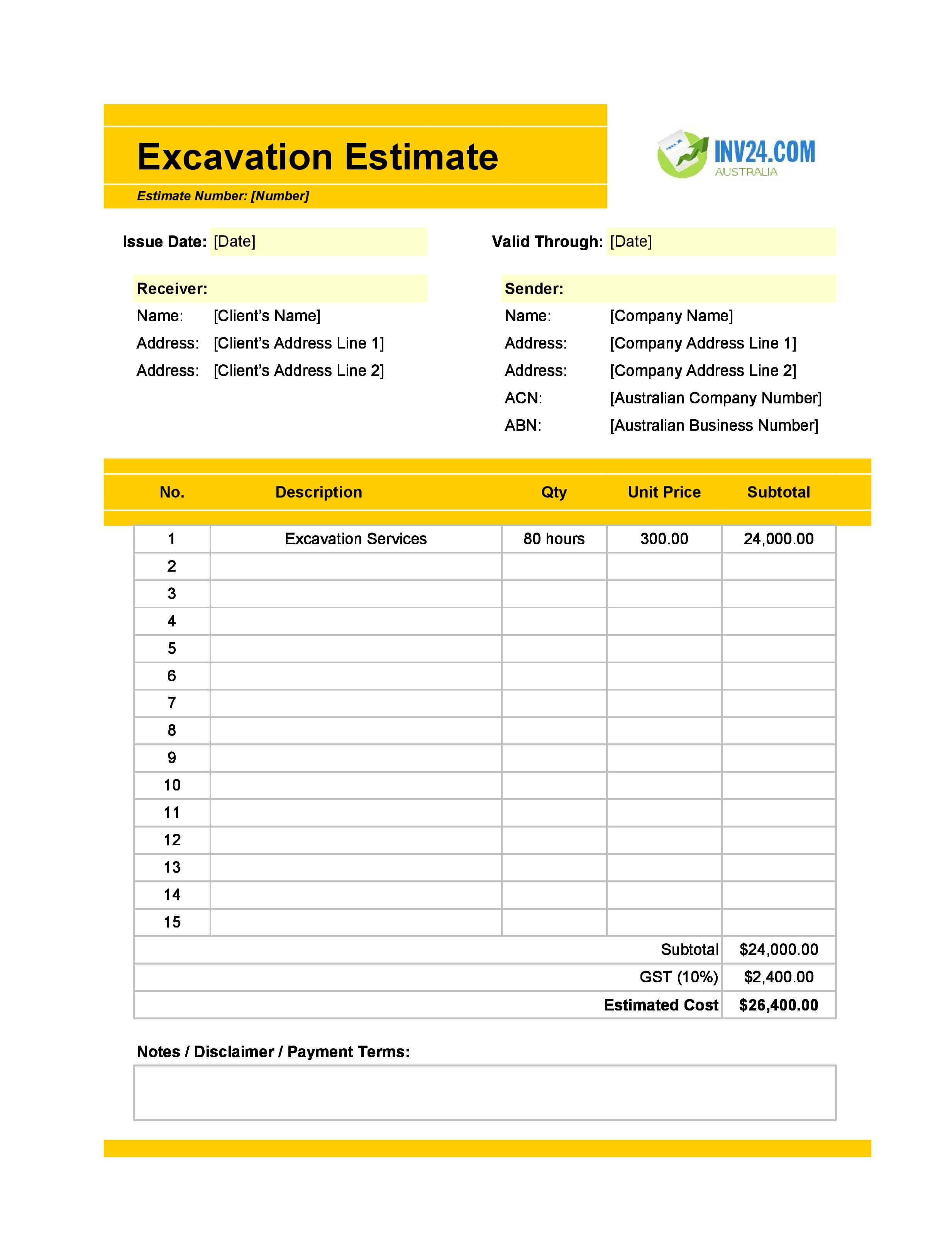 Excavation Estimate Template for Australia (Excel / Google Sheets)