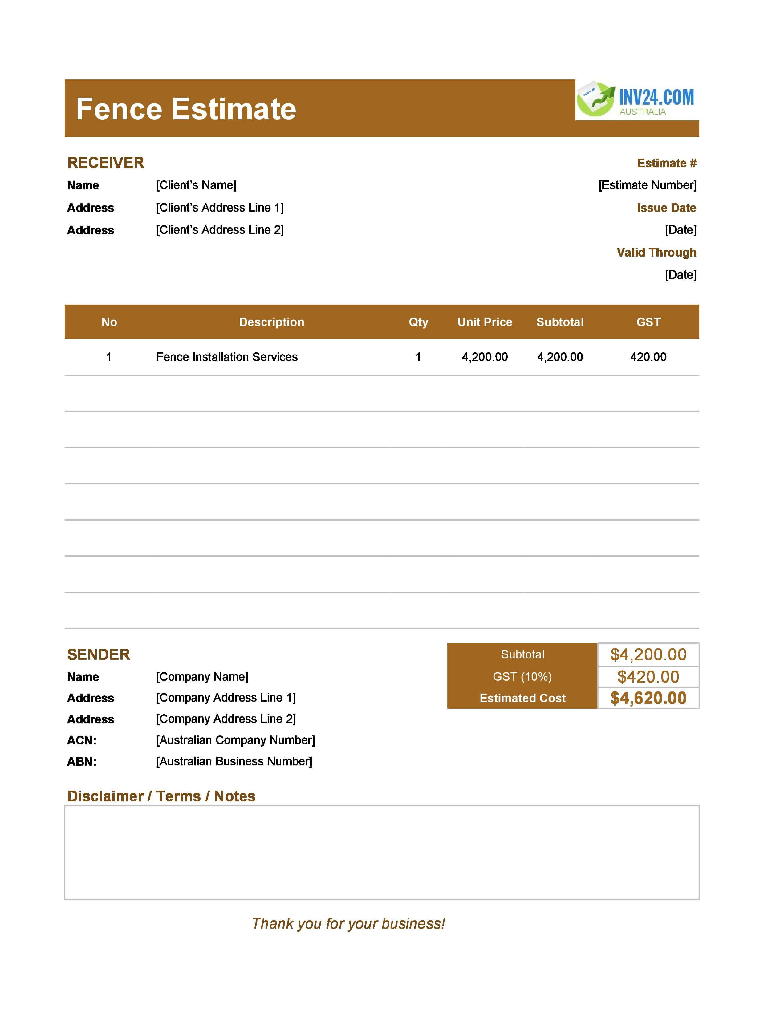 Fence Estimate Template for Australia (Excel / Google Sheets)