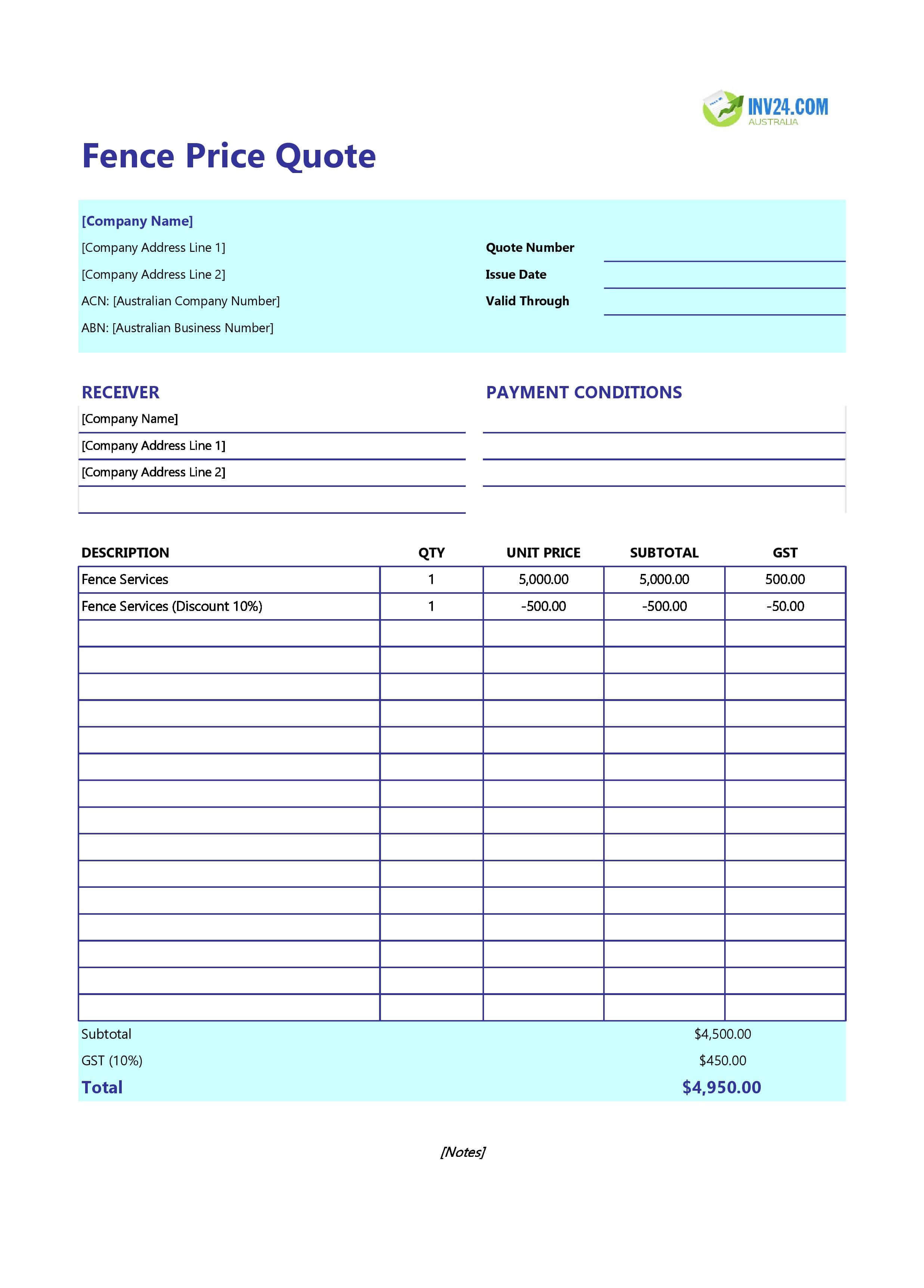 Fence Quote Template for Australia (Excel / Google Sheets)