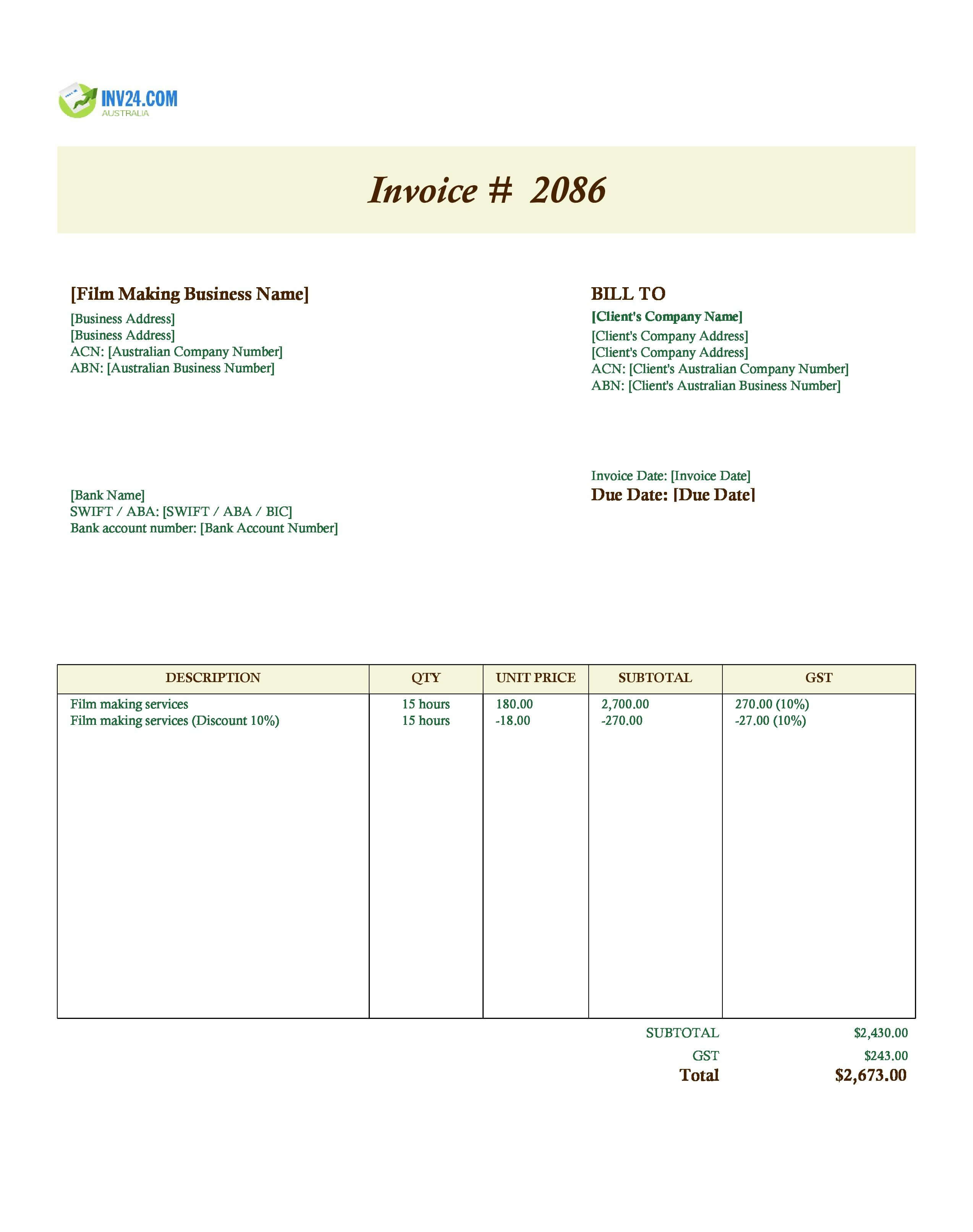 Filmmaking Invoice Template for Australia (Excel / Google Sheets)
