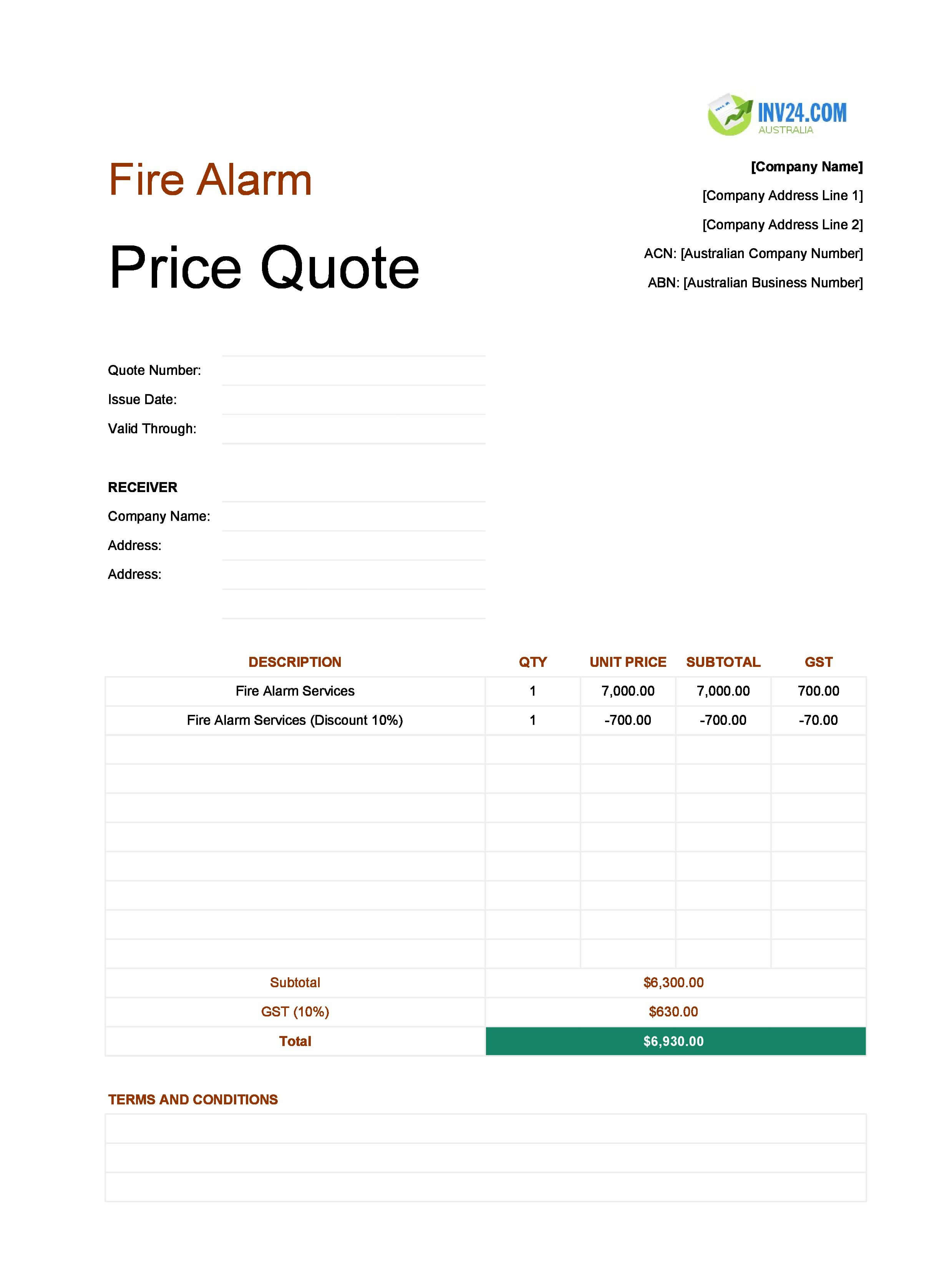 Fire Alarm Quote Template for Australia (Excel / Google Sheets)