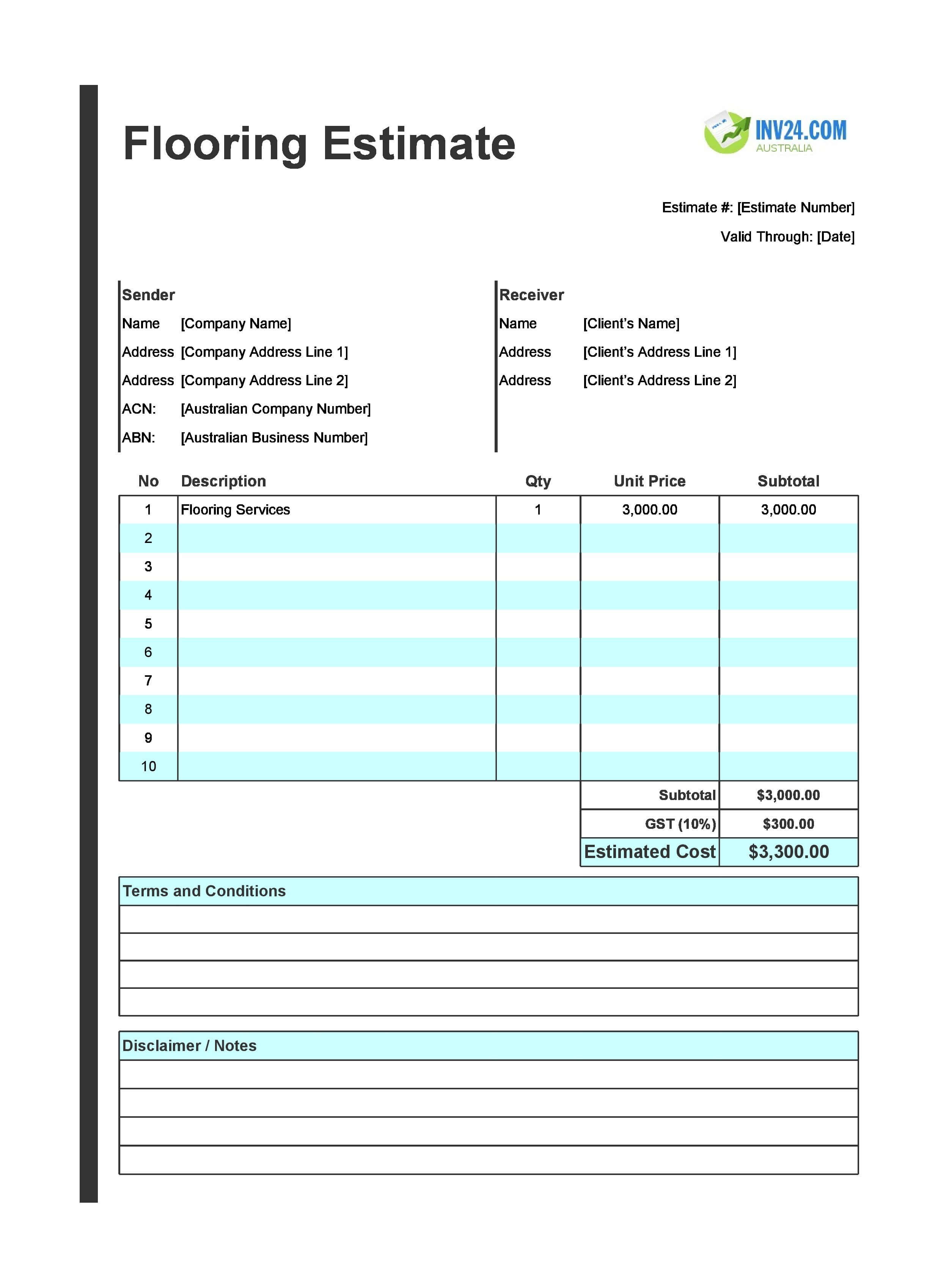 Flooring Estimate Template for Australia (Excel / Google Sheets)