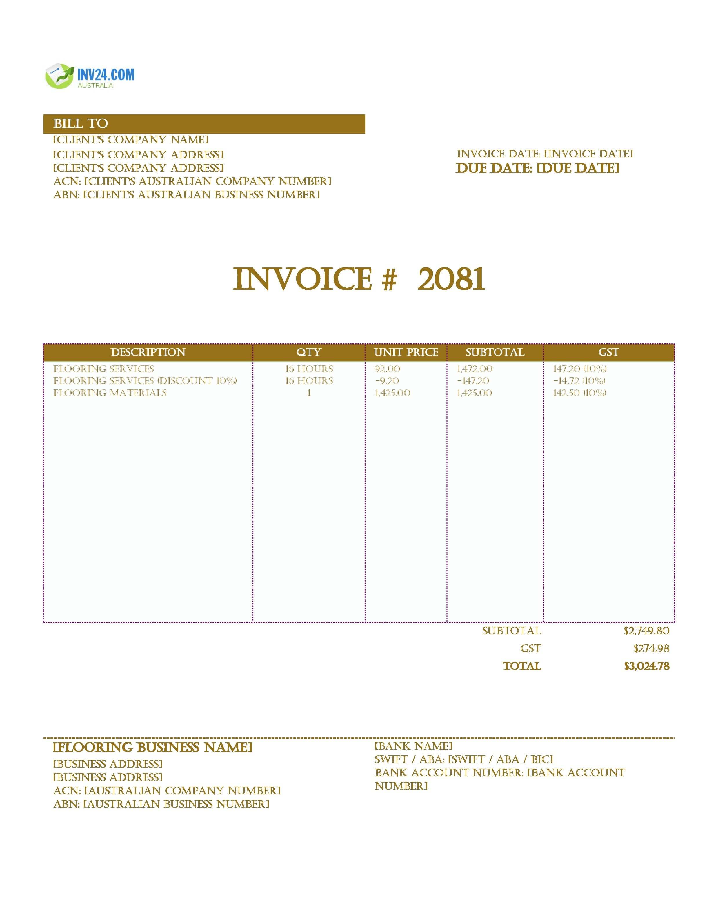 Flooring Invoice Template for Australia (Excel / Google Sheets)