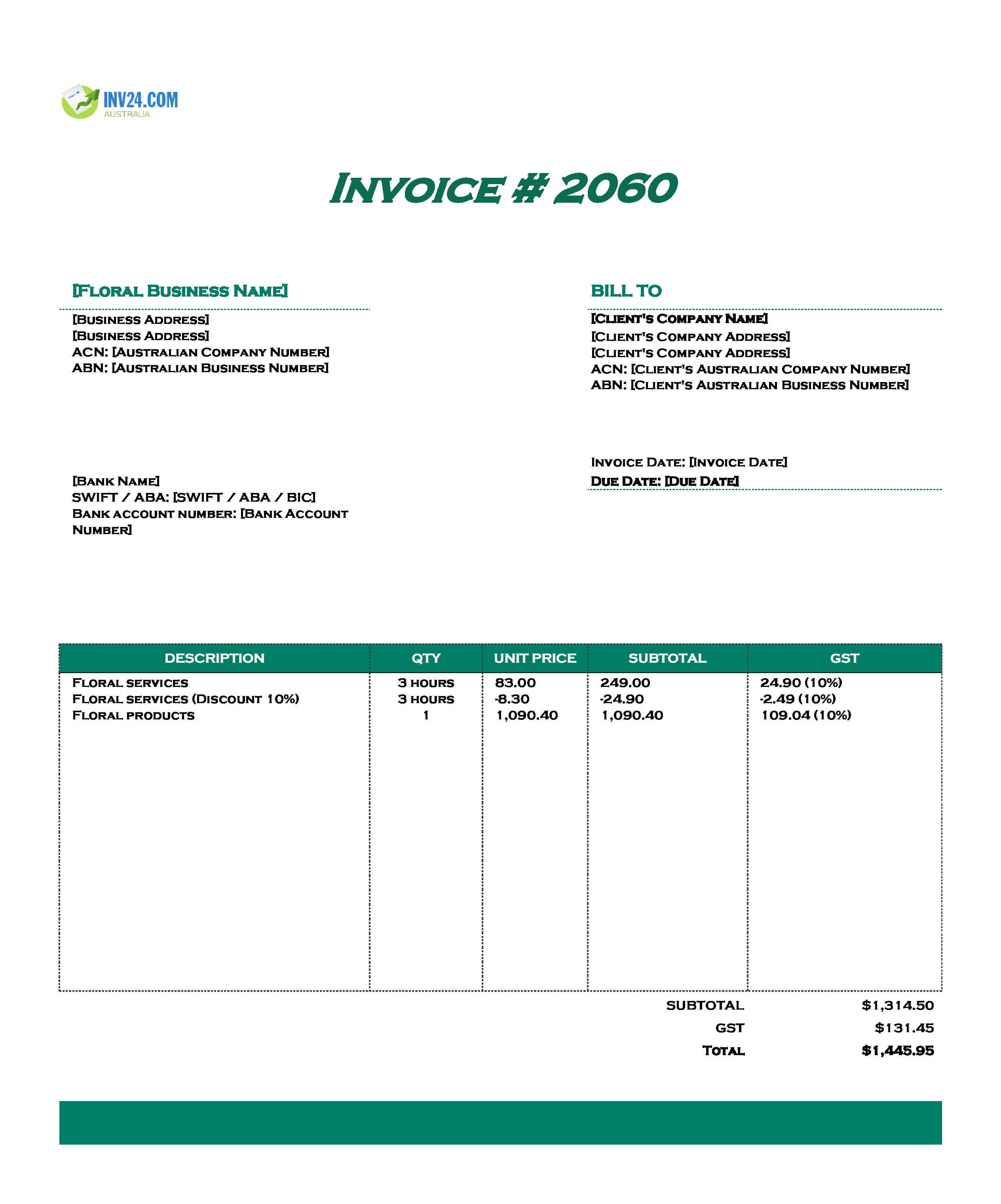 Floral Invoice Template for Australia (Excel / Google Sheets)