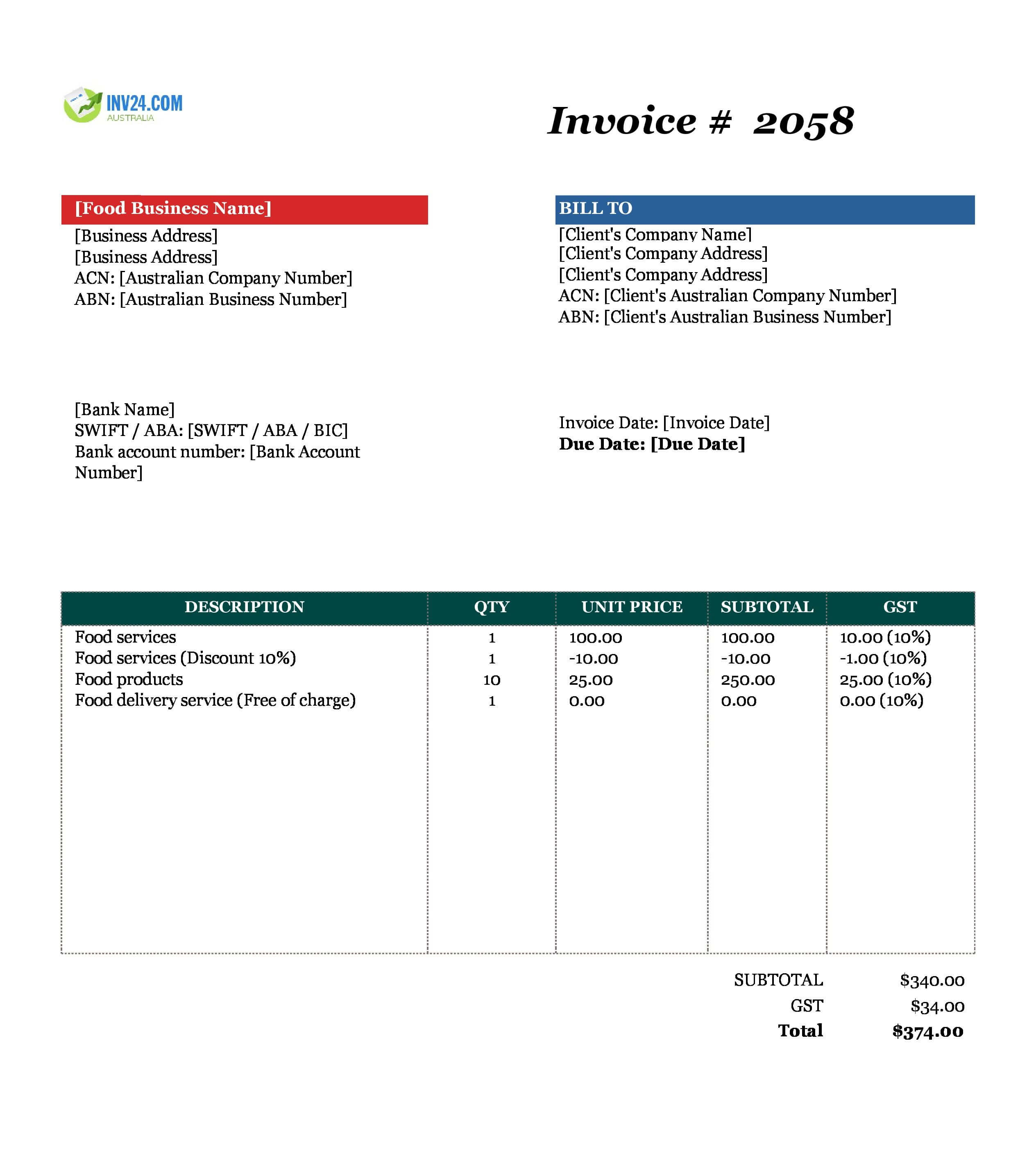Food Invoice Template for Australia (Excel / Google Sheets)