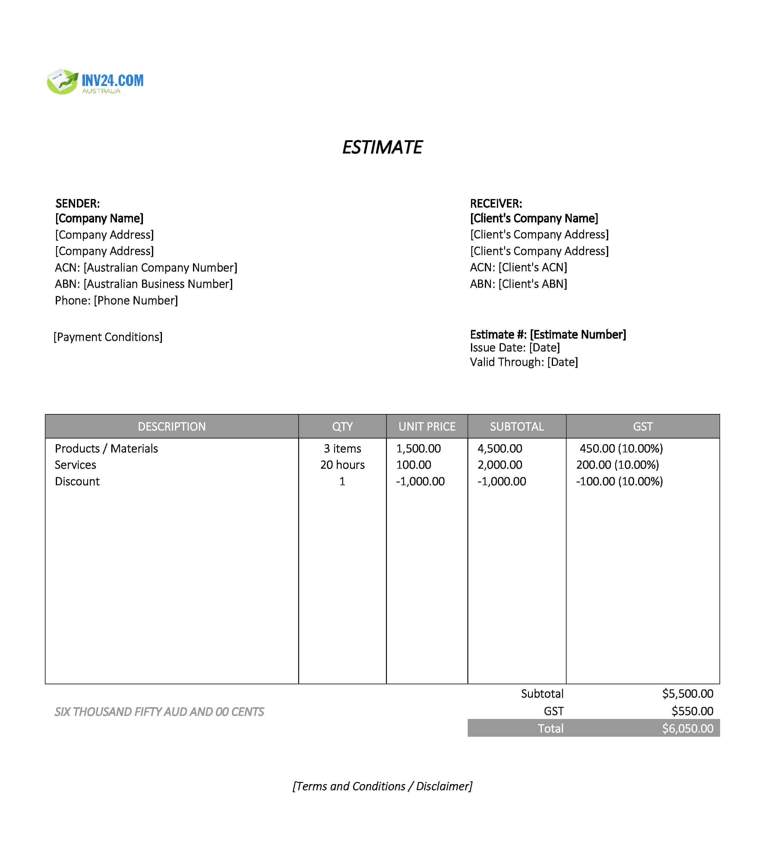 Formal Estimate Template for Australia (Excel / Google Sheets)