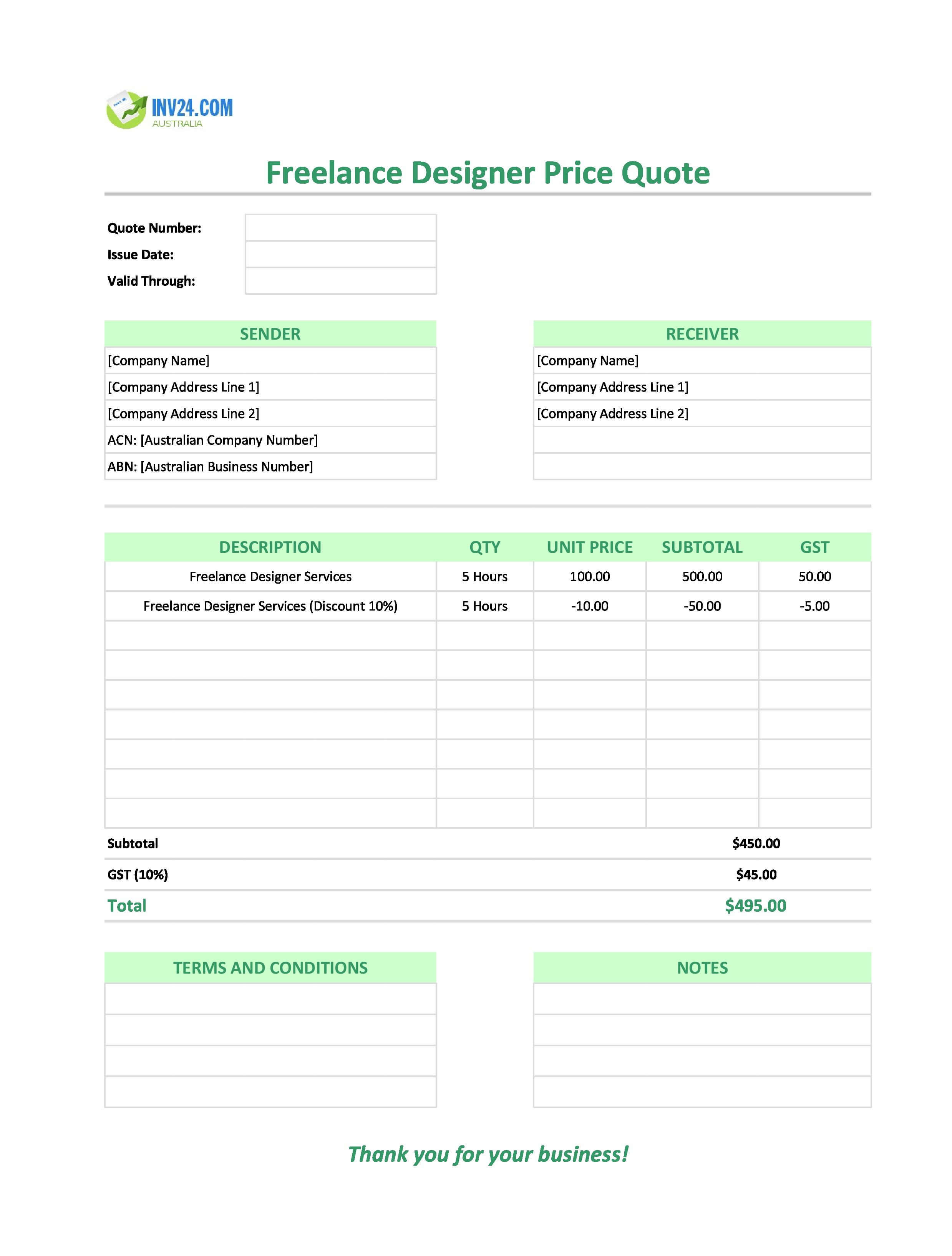 Freelance Designer Quote Template for Australia (Excel / Google Sheets)