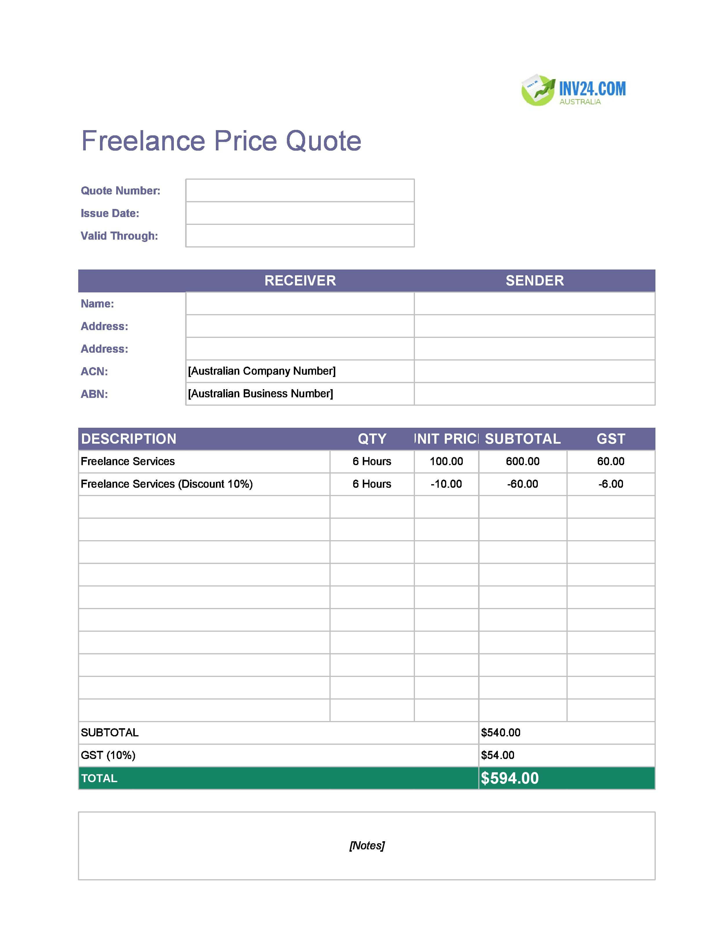 Freelance Quote Template for Australia (Excel / Google Sheets)