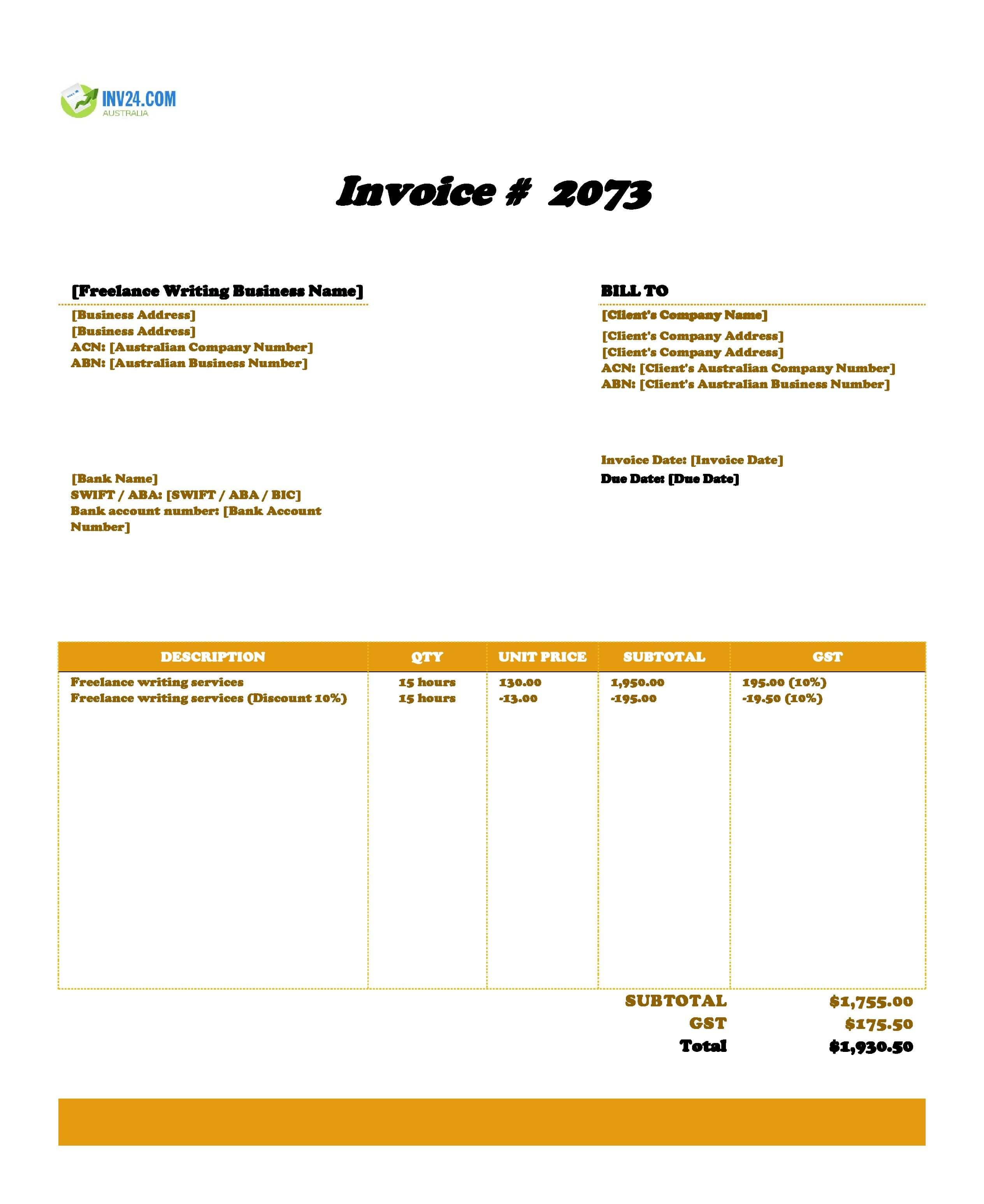 Freelance Writing Invoice Template for Australia (Excel / Google Sheets)