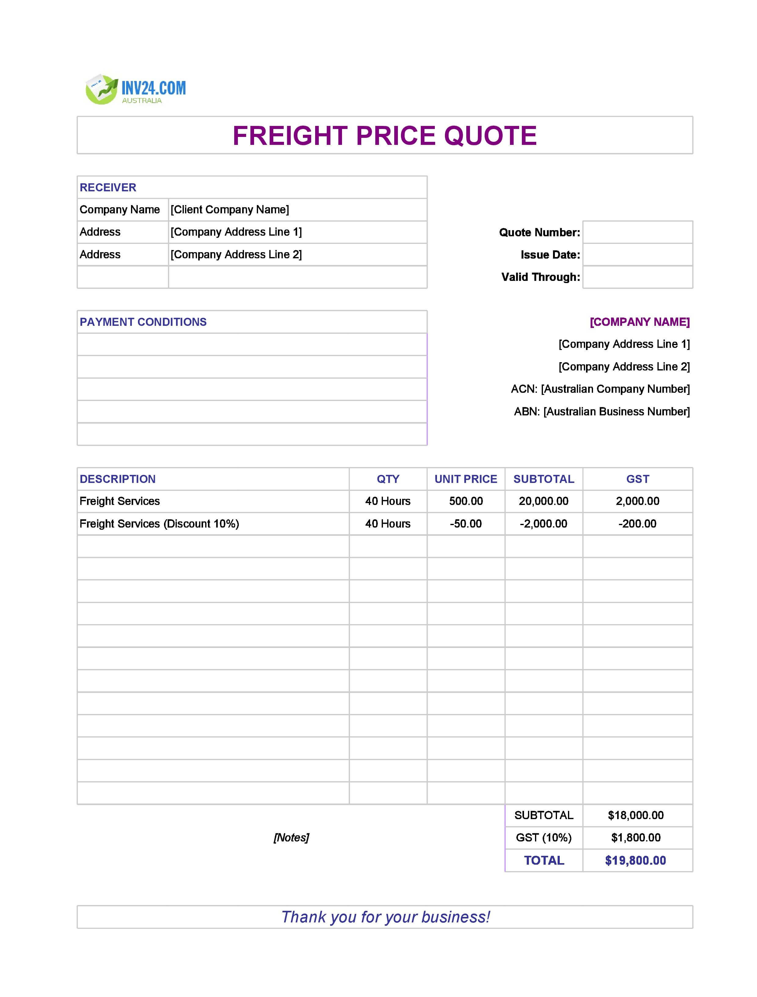 Freight Quote Template for Australia (Excel / Google Sheets)
