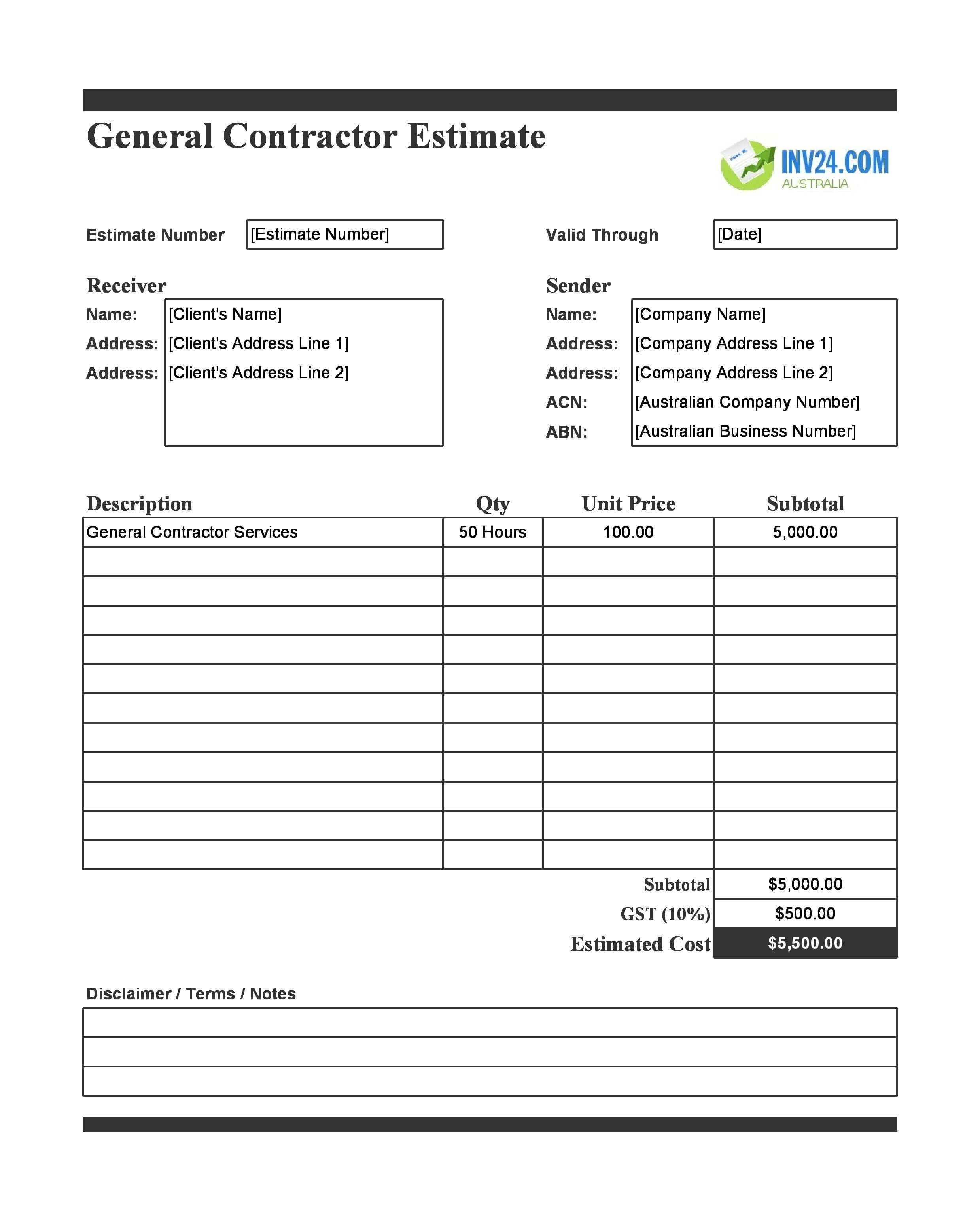 General Contractor Estimate Template for Australia (Excel / Google Sheets)