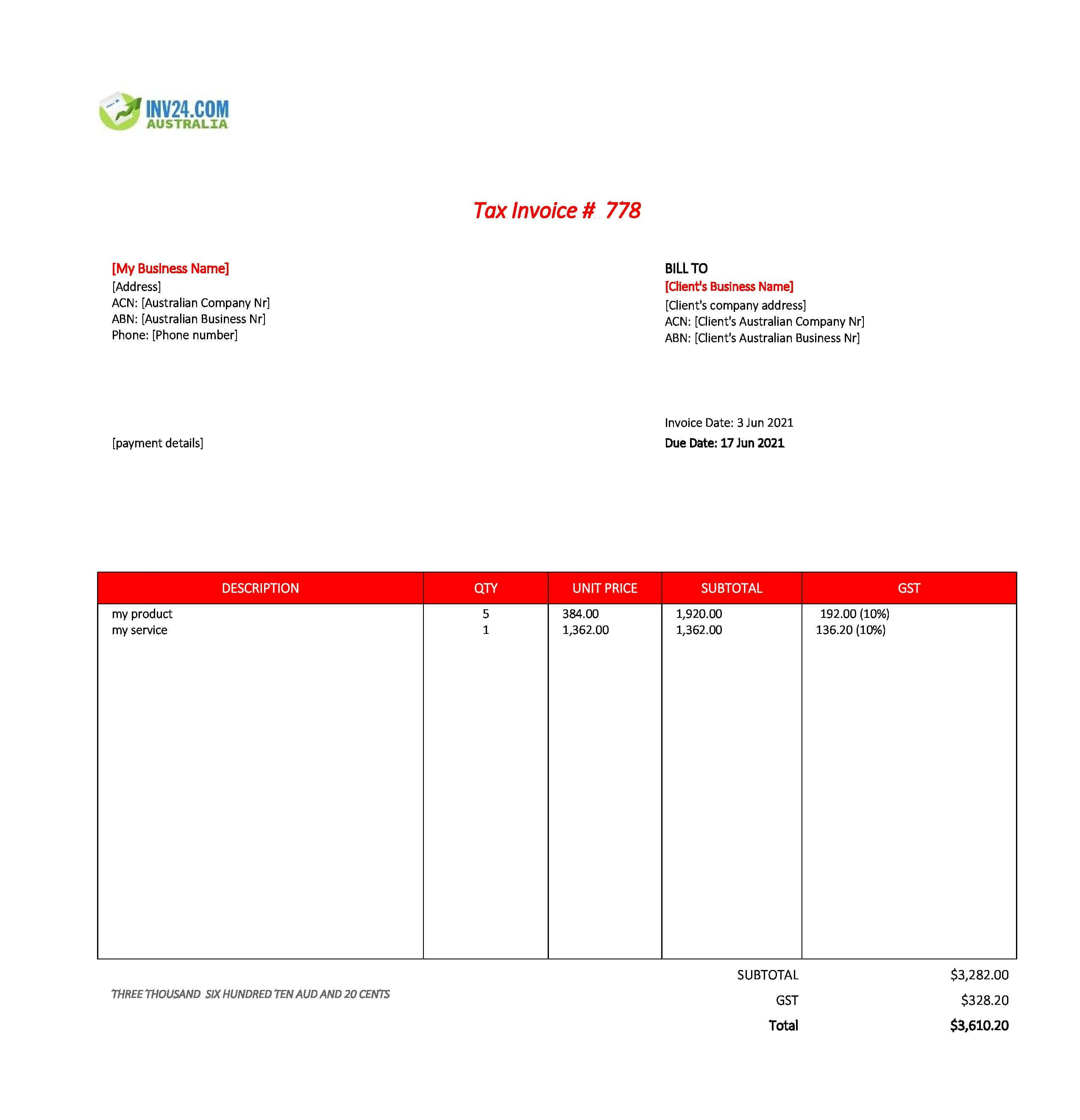 Generic Invoice Template Australia (Excel / Google Sheets)