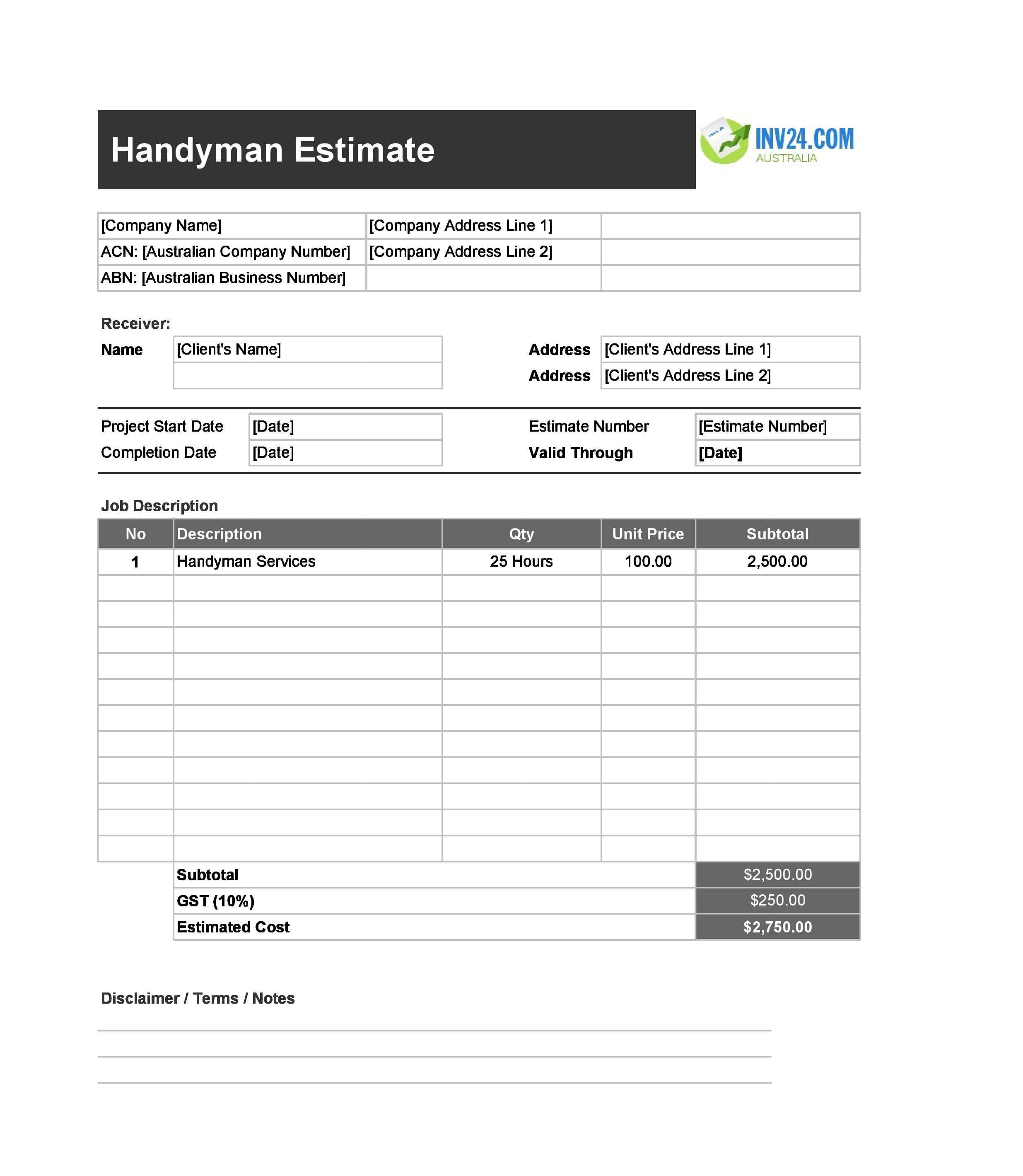 Handyman Estimate Template for Australia (Excel / Google Sheets)
