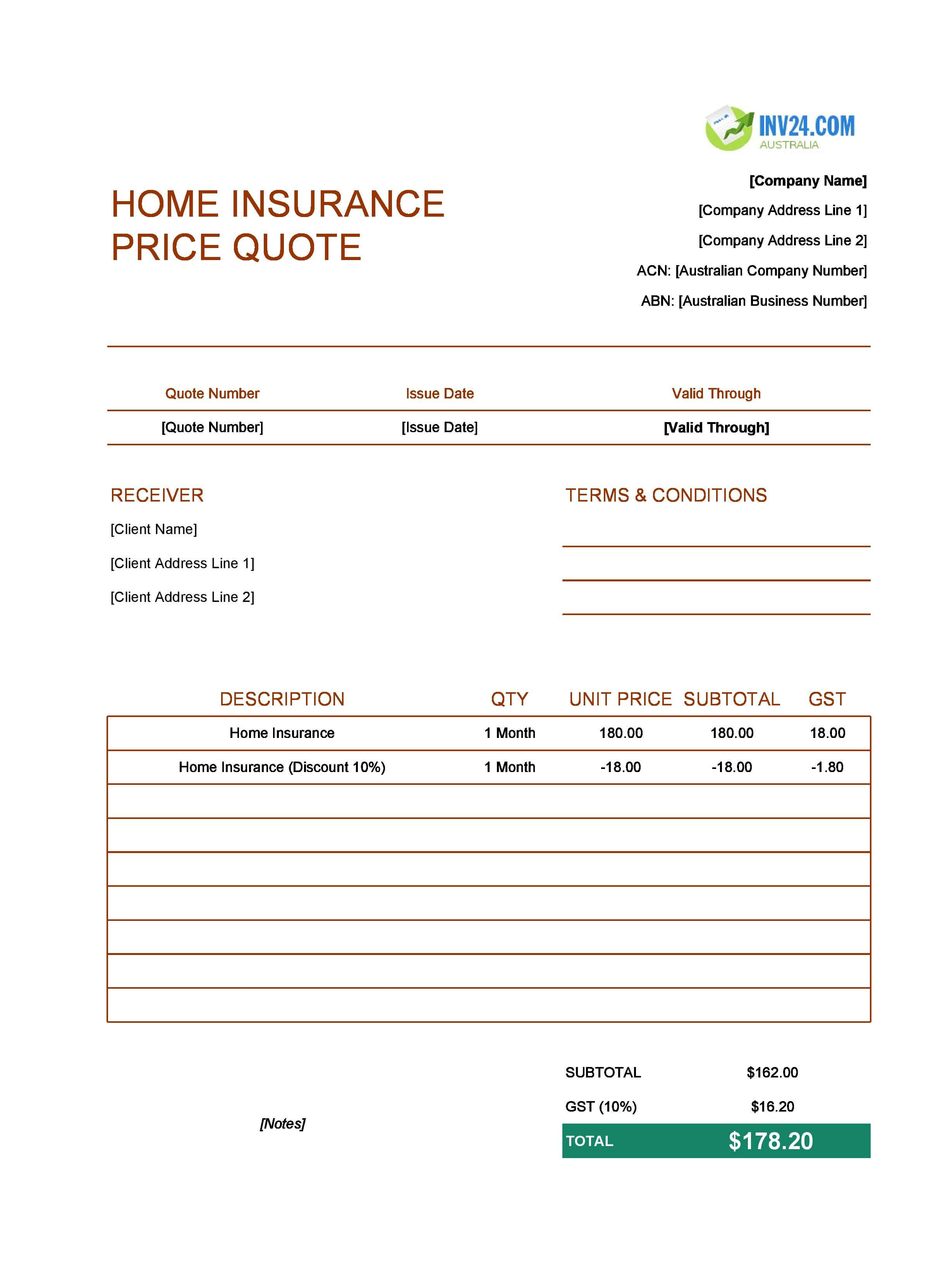 Home Insurance Quote Template for Australia (Excel / Google Sheets)