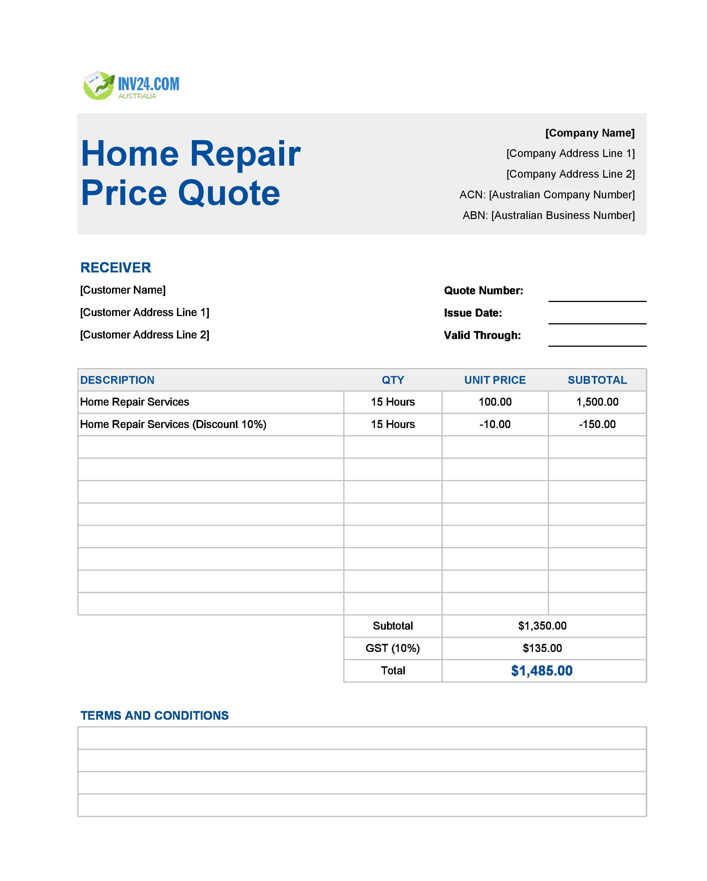 Home Repair Quote Template for Australia (Excel / Google Sheets)