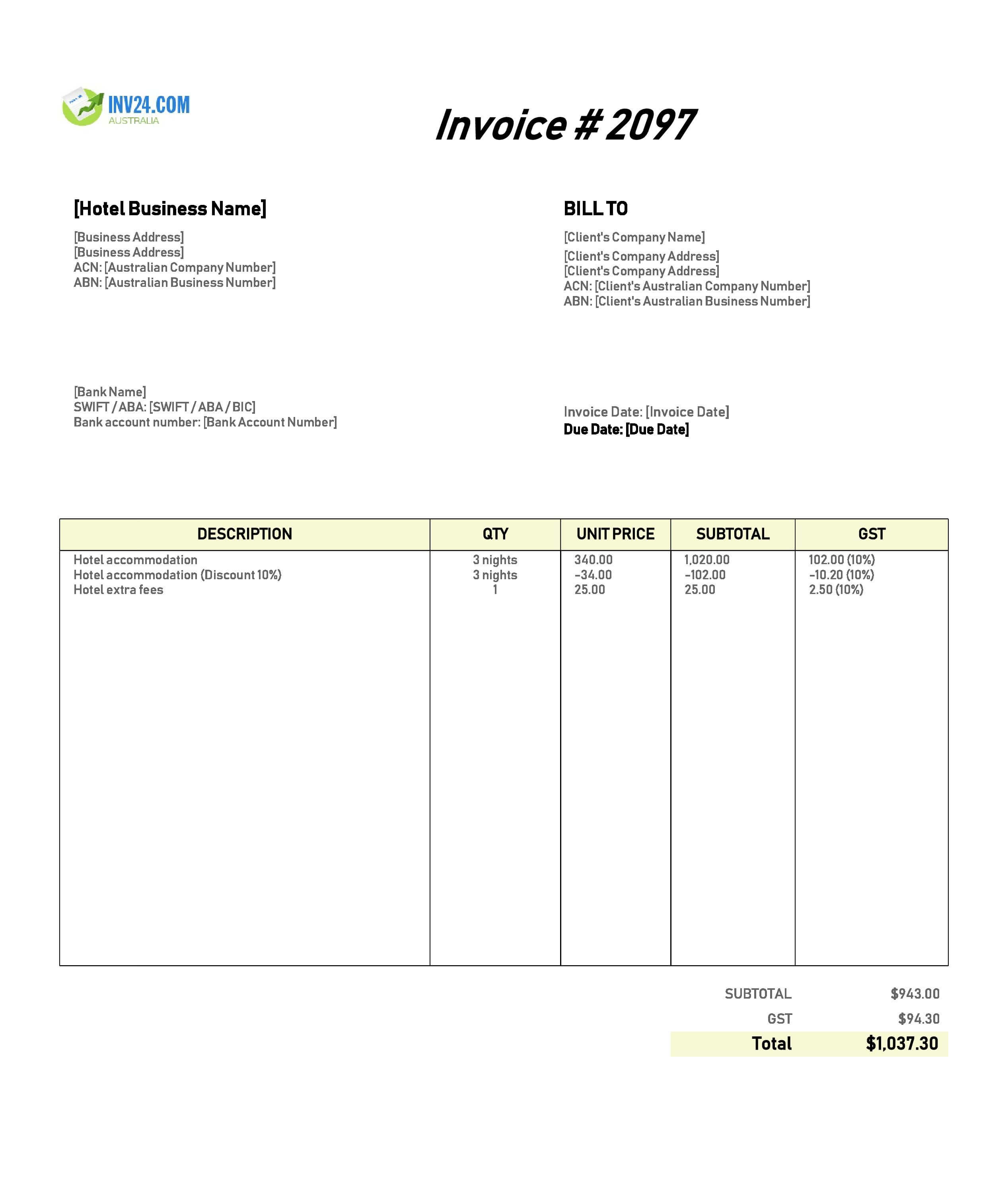 Hotel Invoice Template for Australia (Excel / Google Sheets)