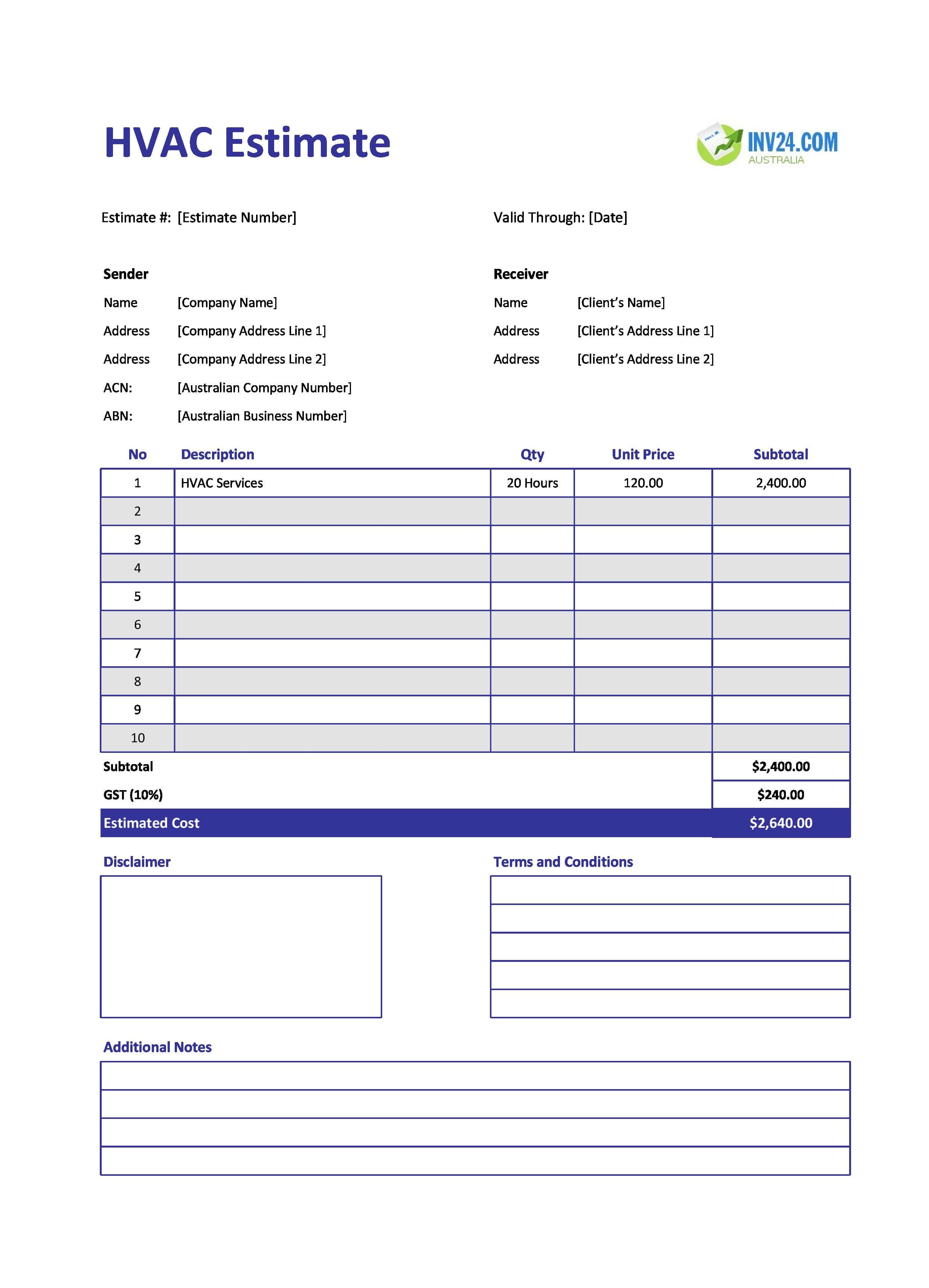 HVAC Estimate Template for Australia (Excel / Google Sheets)