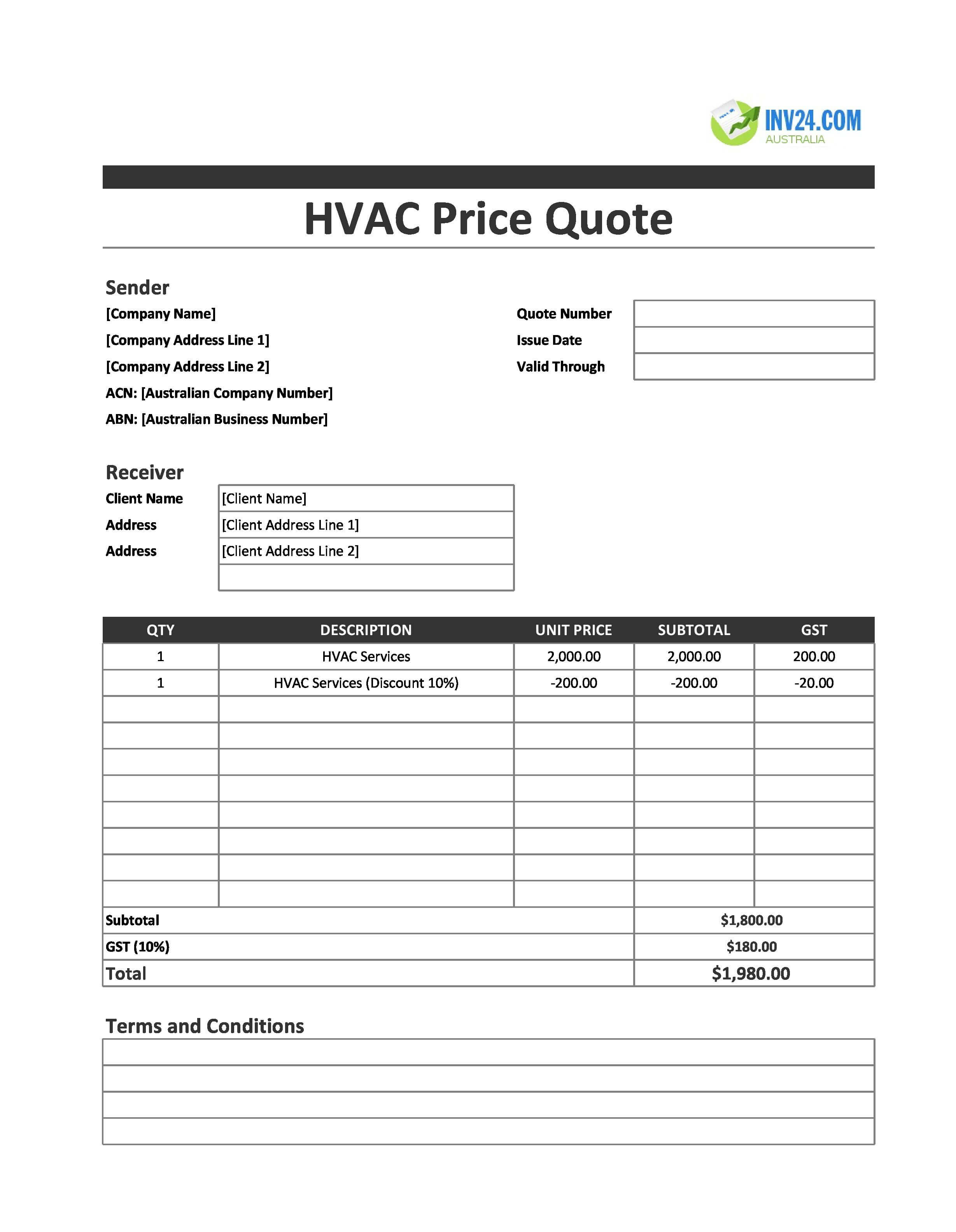 HVAC Quote Template for Australia (Excel / Google Sheets)