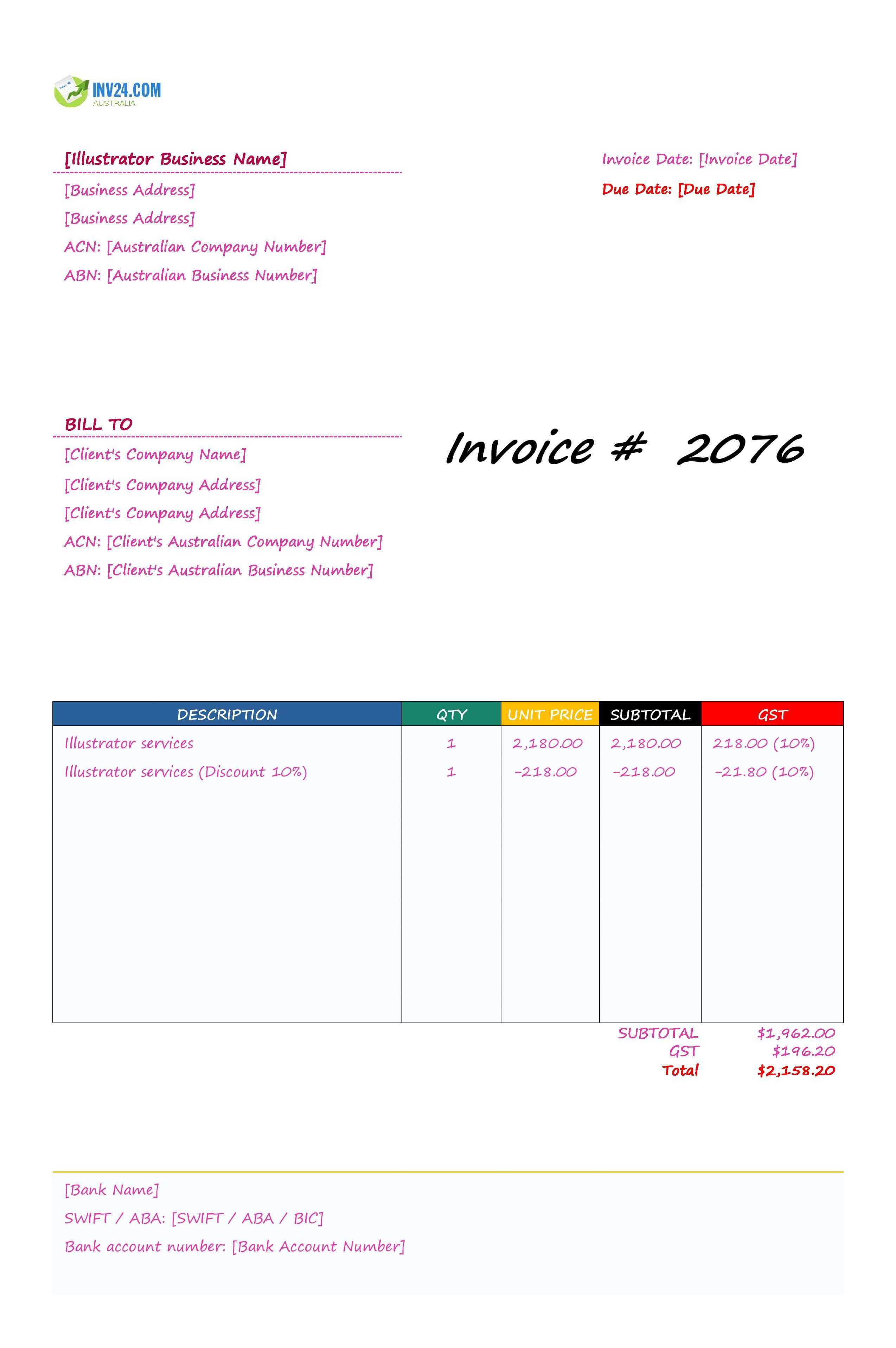 Illustrator Invoice Template for Australia (Excel / Google Sheets)