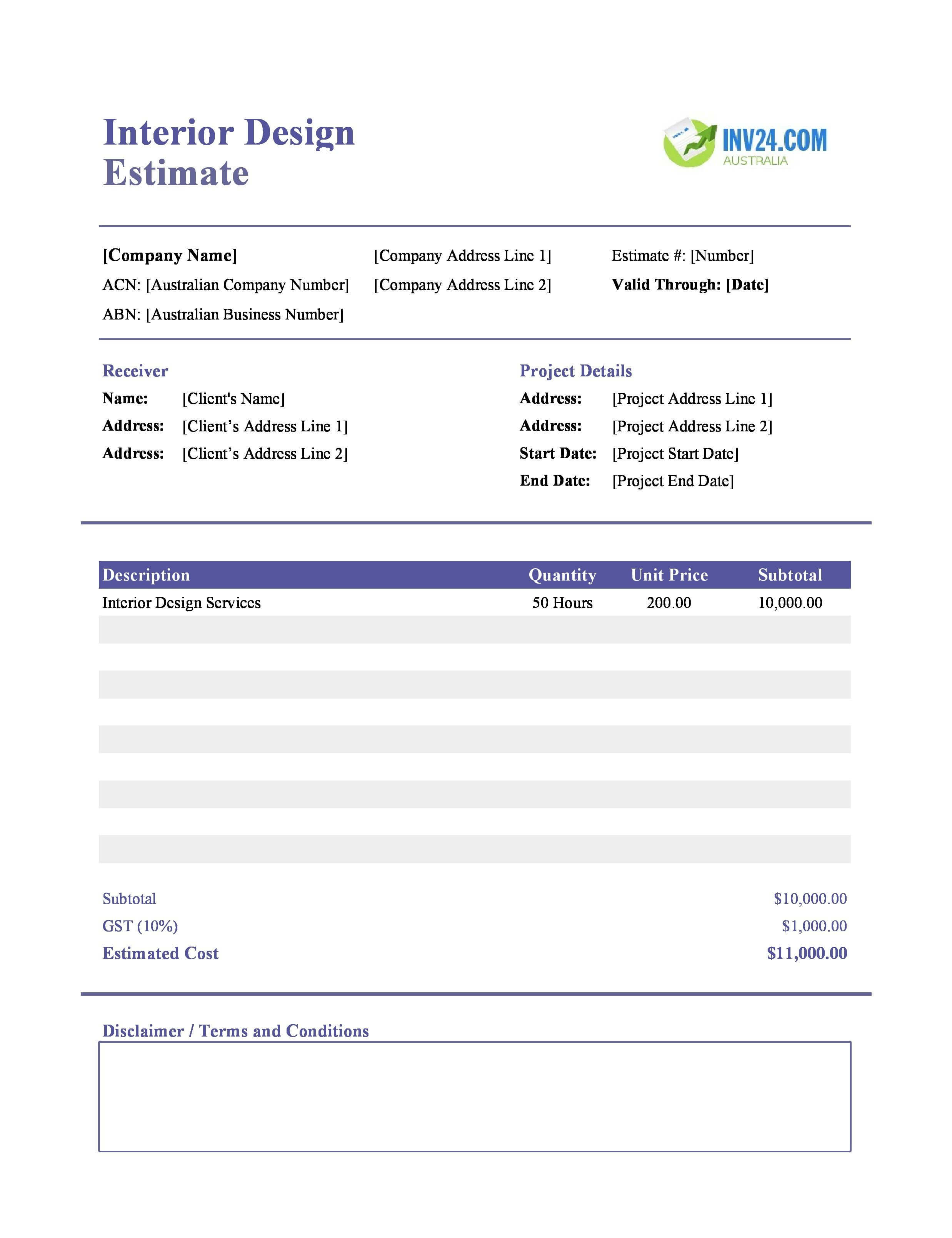 Interior Design Estimate Template for Australia (Excel / Google Sheets)