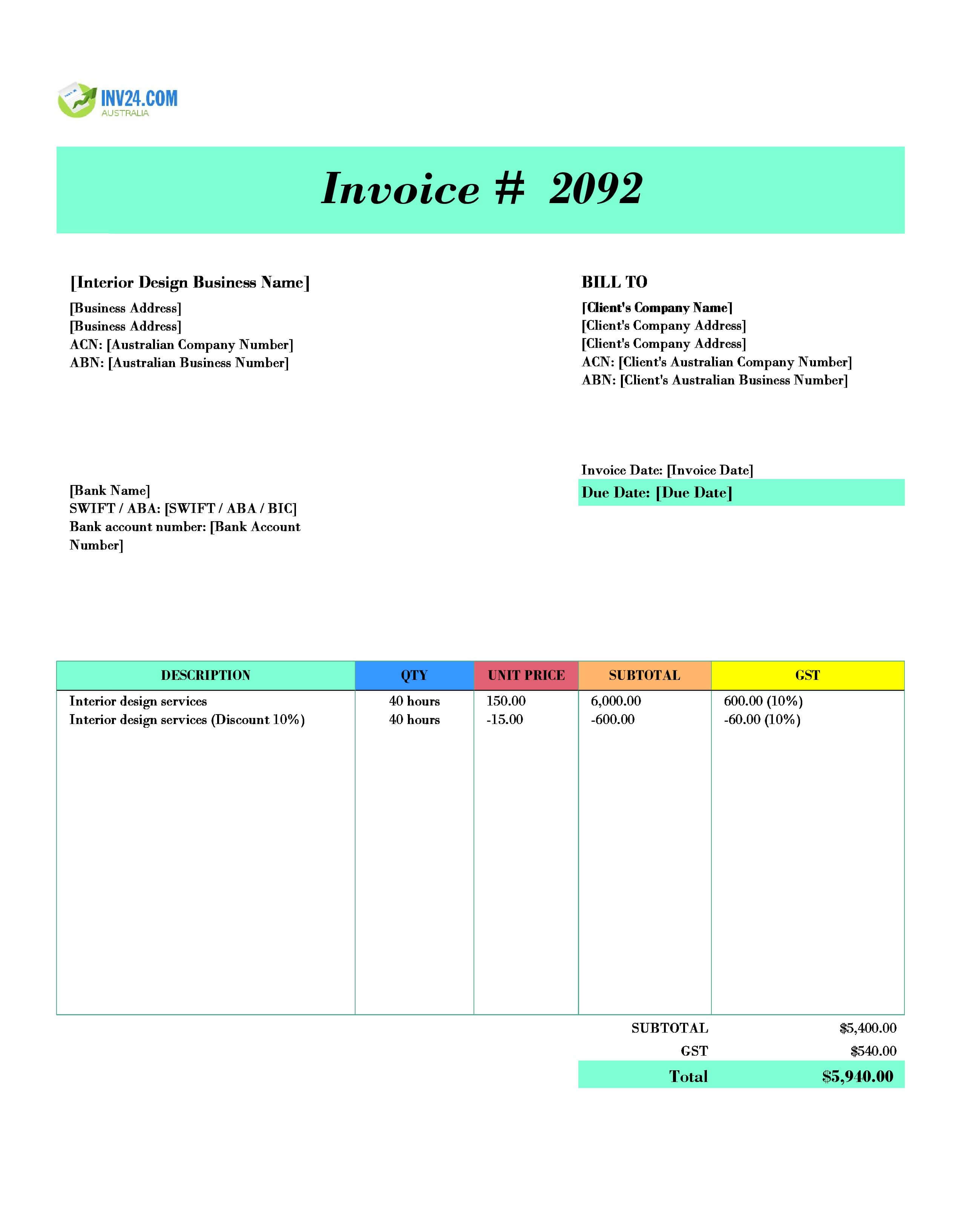 Interior Design Invoice Template for Australia (Excel / Google Sheets)