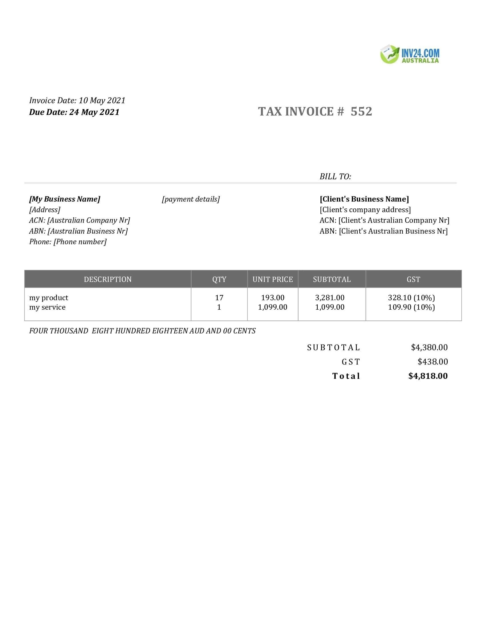 Invoice Format Australia (Word / Google Docs)