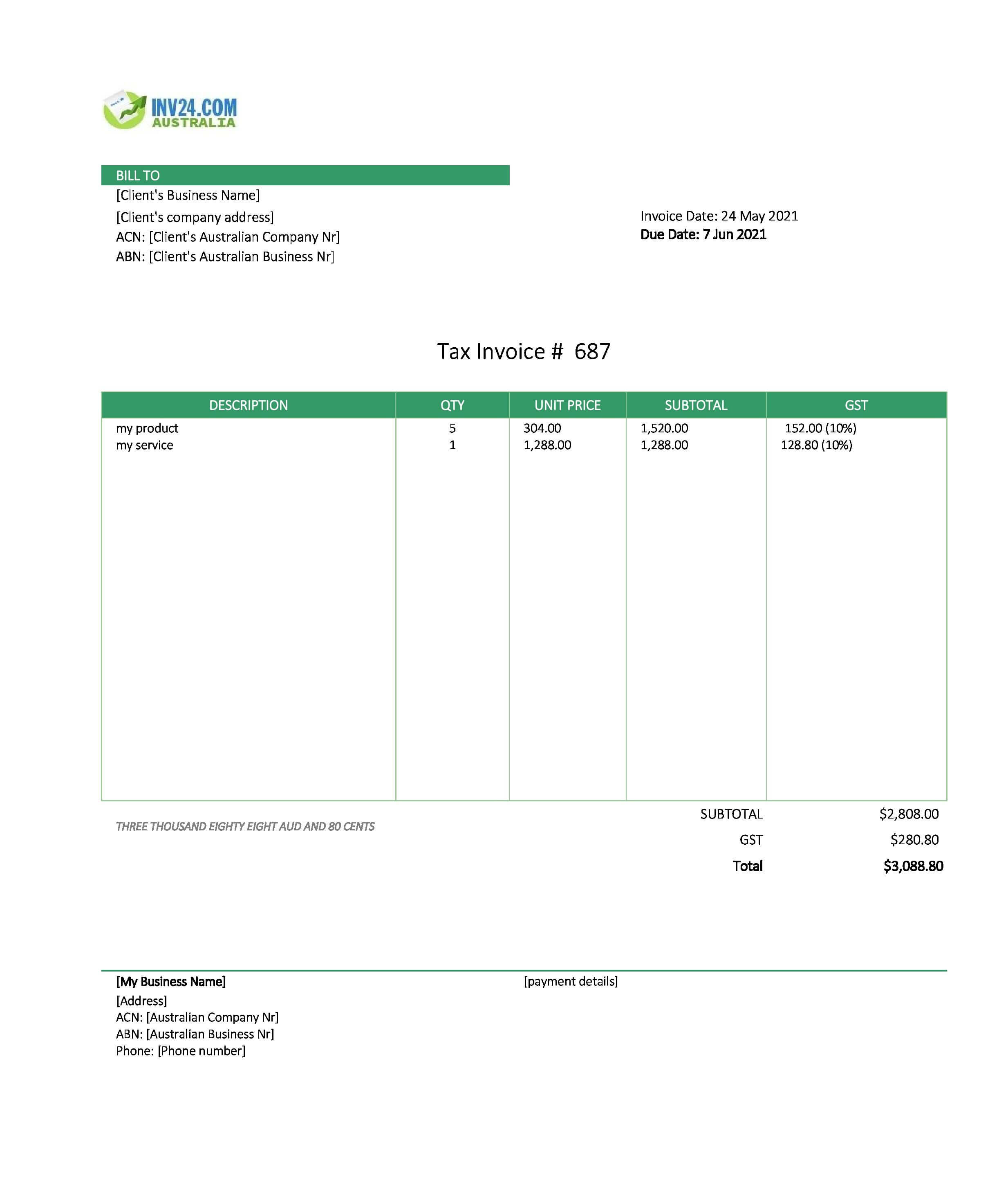 Invoice Layout Australia (Excel / Google Sheets)