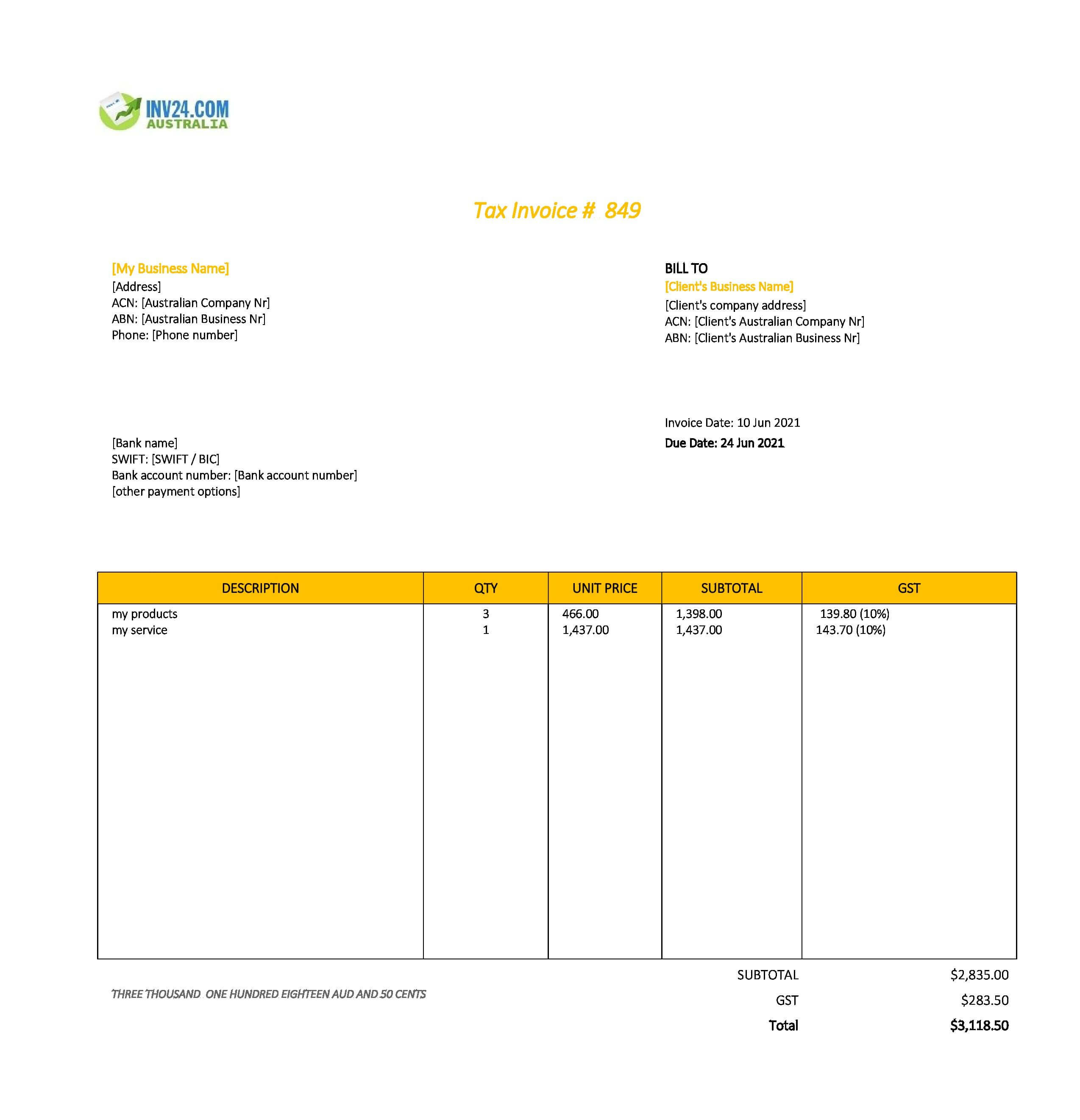 Invoice Model Australia (Excel / Google Sheets)