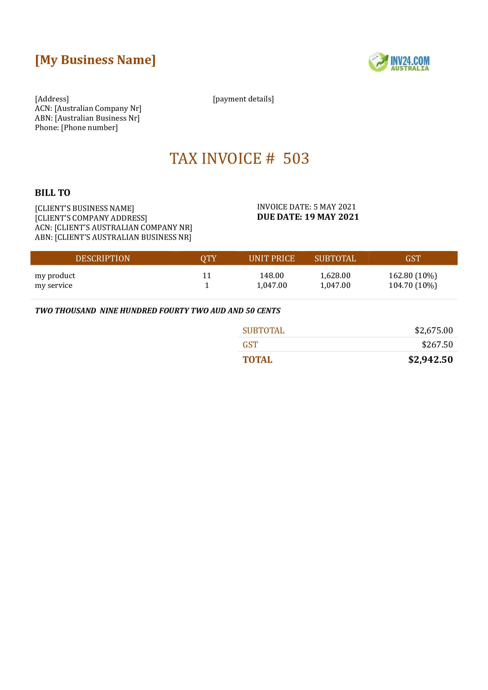 Invoice Sample Australia (Word / Google Docs)