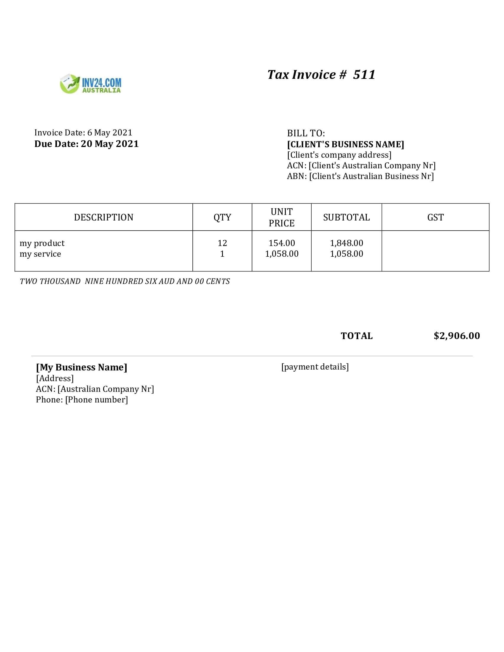 Invoice Template Australia no GST (Word / Google Docs)