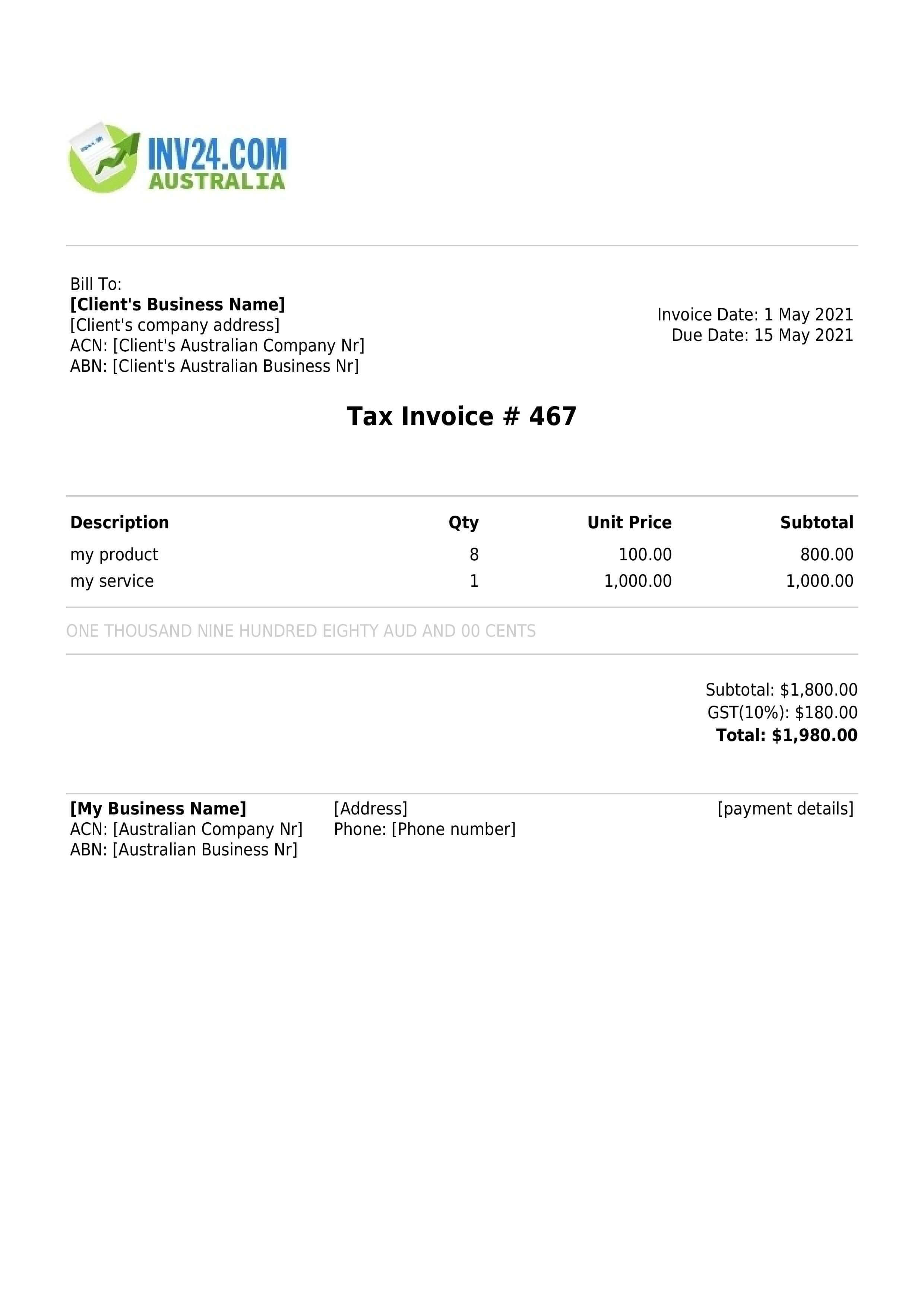 An Australian invoice sample with mandatory and optional fields