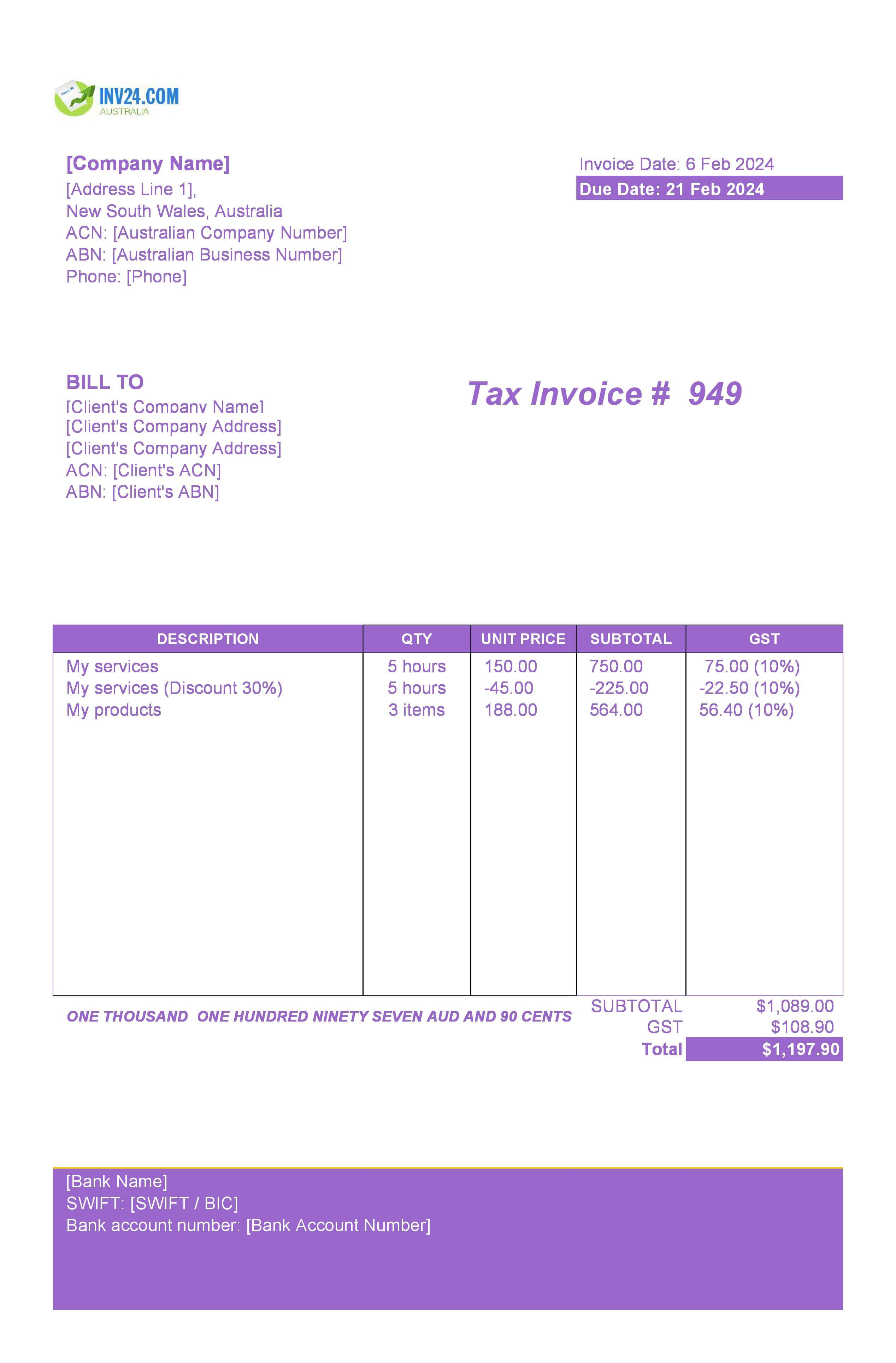 Invoice Template NSW Australia (Excel / Google Sheets)