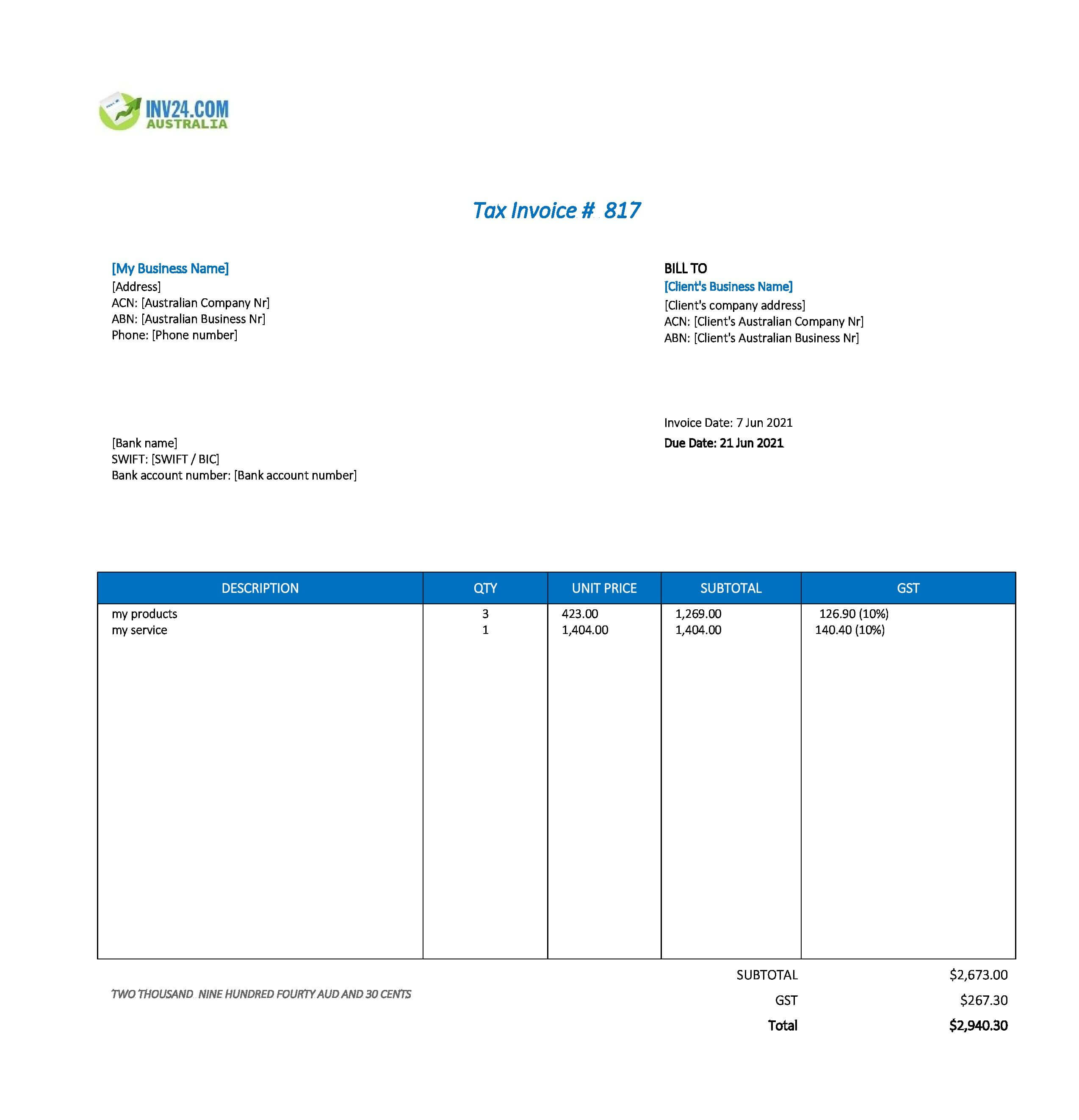 invoice template with bank details australia
