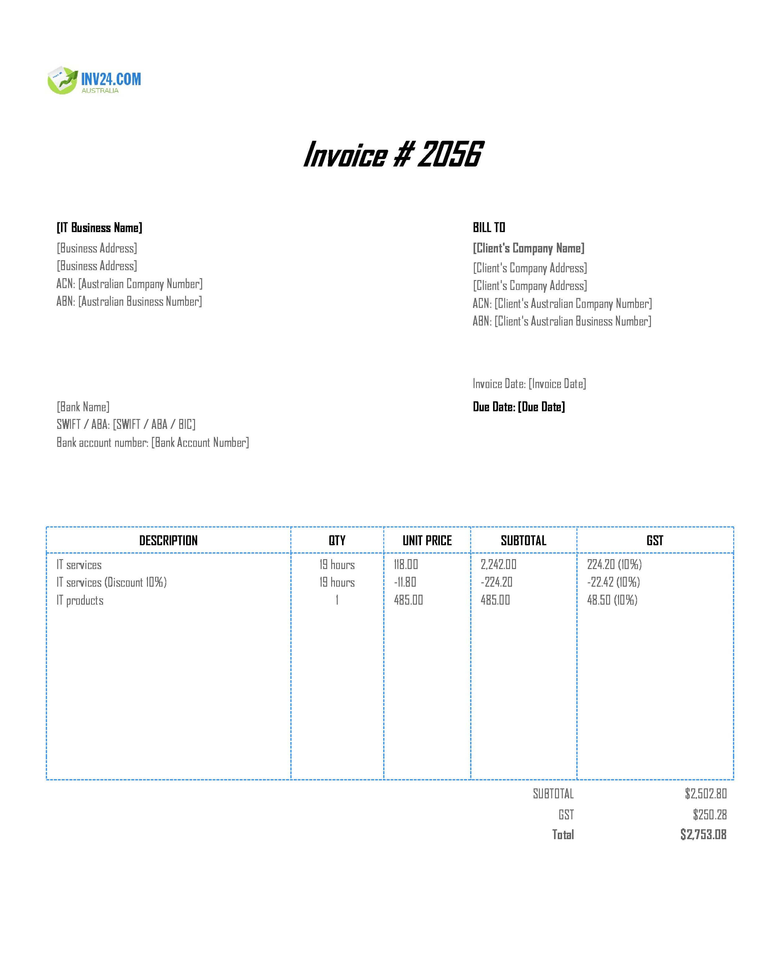 IT Invoice Template for Australia (Excel / Google Sheets)