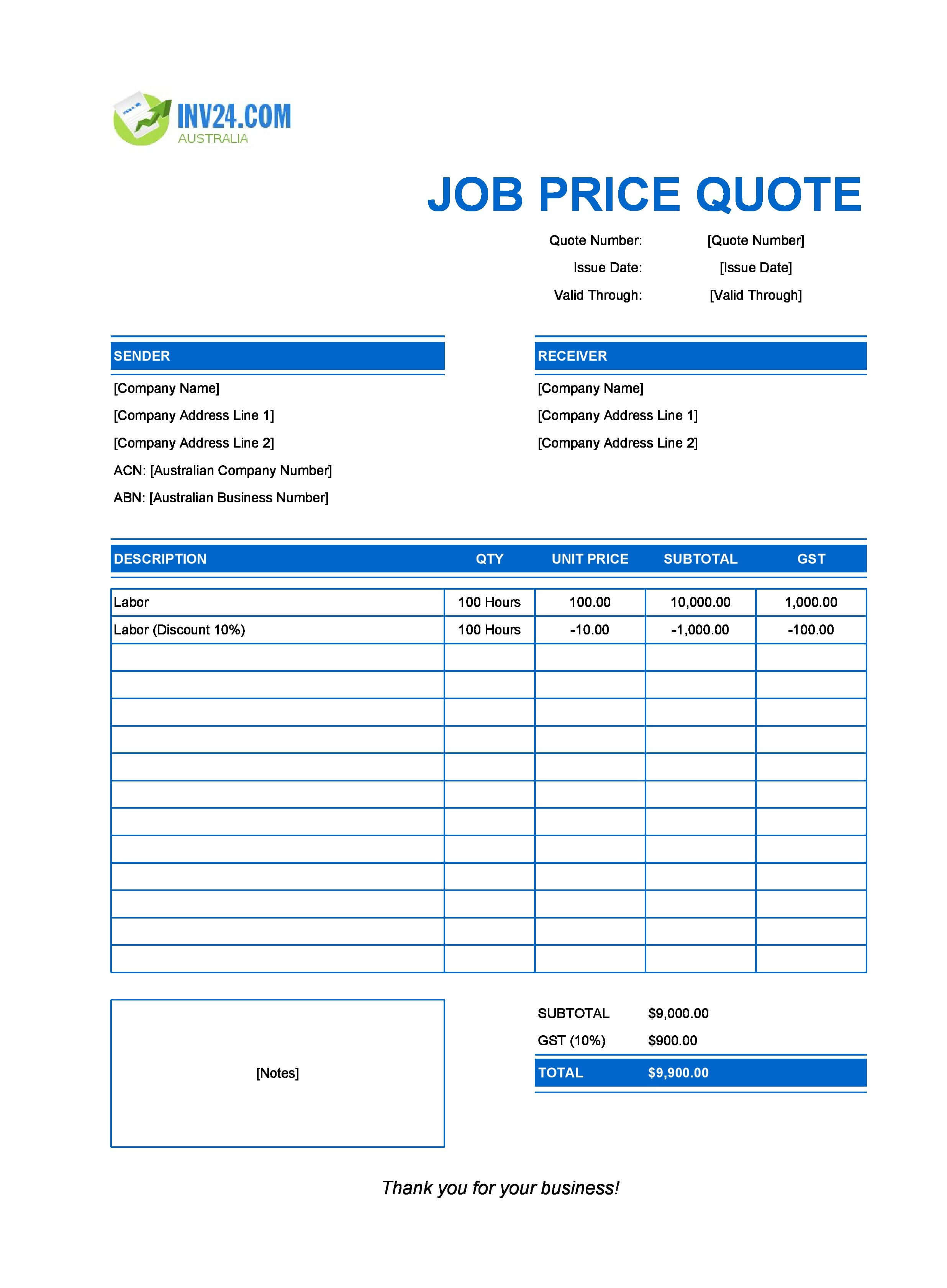 Job Quote Template Sheets for Australia (Excel / Google Sheets)